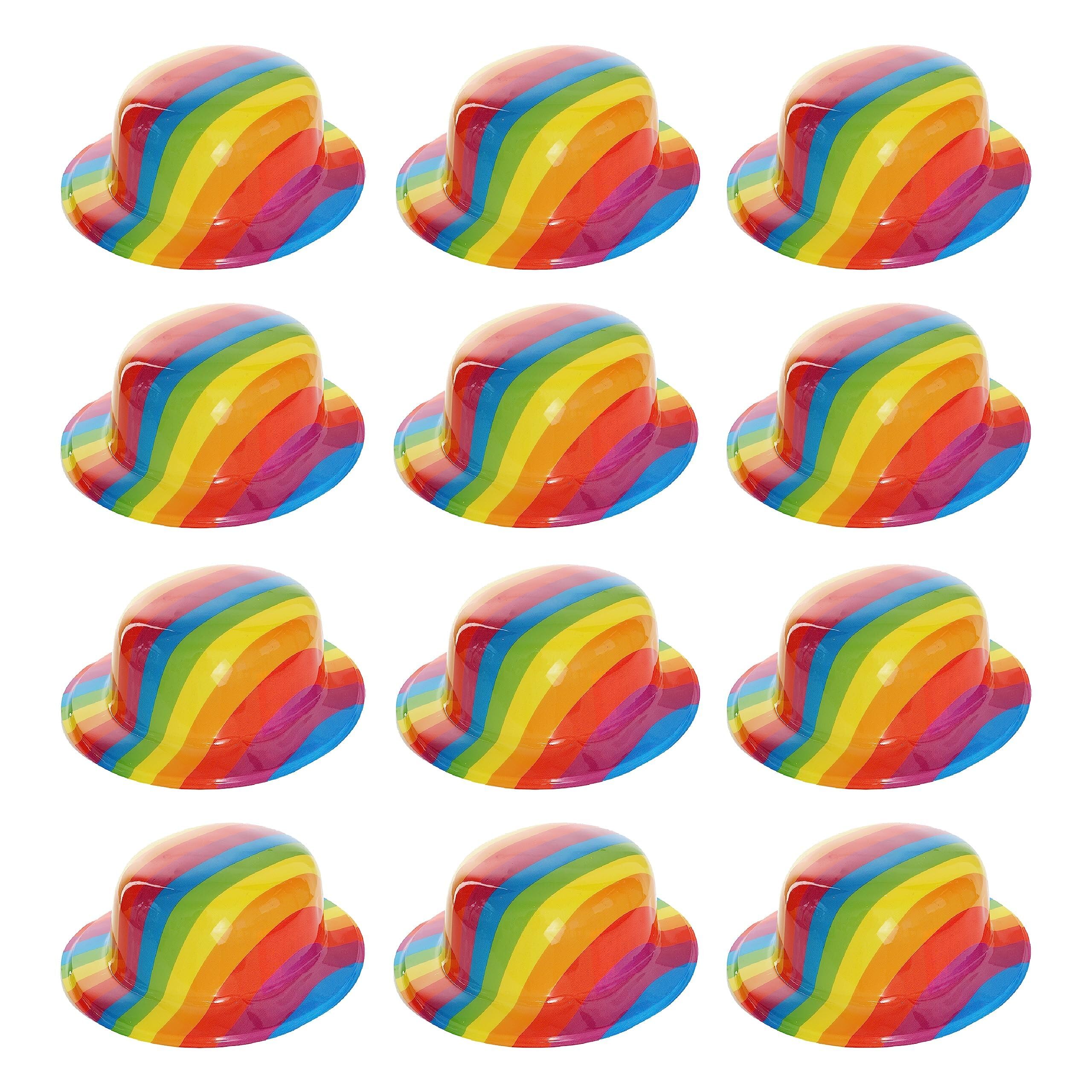 Adults Rainbow Bowler Hat - Pack of 12 - Multicoloured Plastic Bowler Hat - Pride Month Pride March Pride Events Fancy Dress Accessory