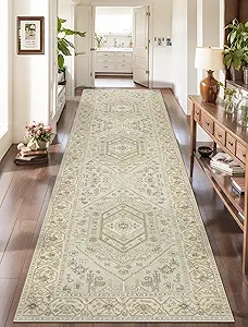 SERISSA Runner Rug for Hallways, 2'6"x10' Washable Non Slip Kitchen Runner Rug, Long Boho Rug Vintage Beige Hallway Stair Ultra Soft Print Floor Carpet for Bedroom Bathroom Laundry Room