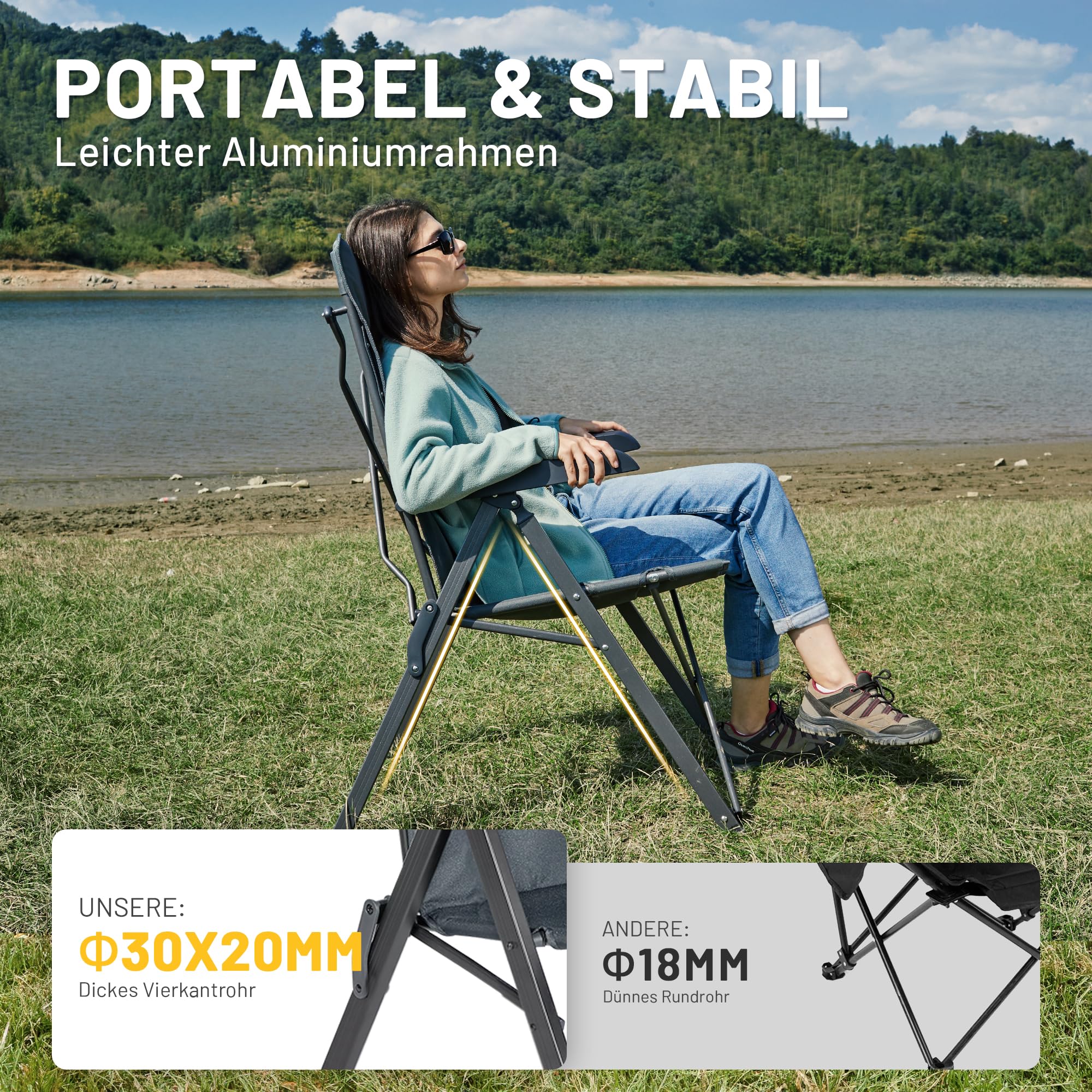 TIMBER RIDGE Campingstuhl Faltbar Hohe Lehne Kleines Packmaß Klappstuhl Camping 150kg mit 4 Positionen verstellbar mit Tasche Liegestuhl Alu für Garten Balkon Wohnmobil