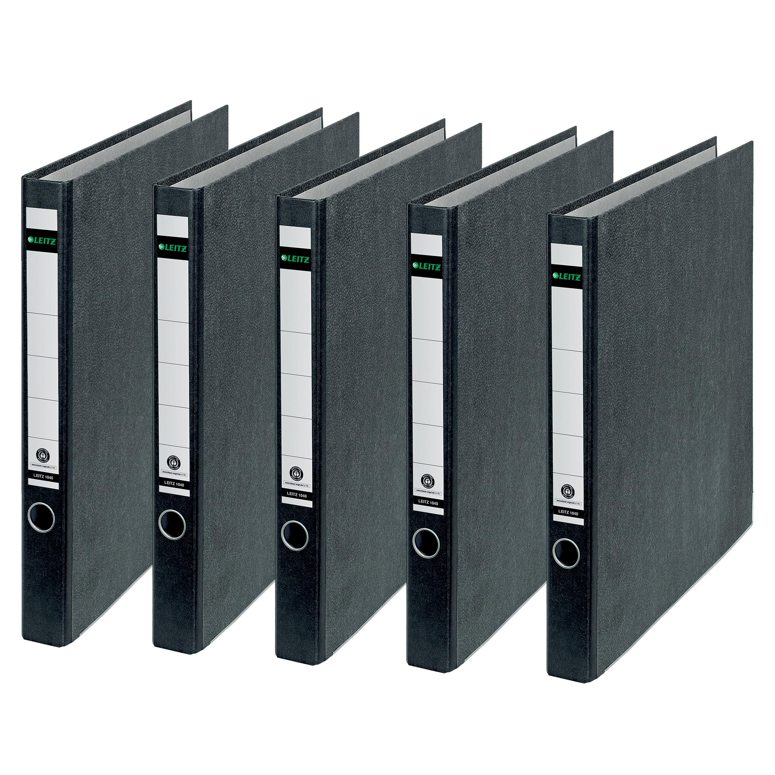 Leitz Standard-Ringordner ohne Schlitze, 5er Pack , Schwarz, 3,5 cm Rückenbreite, Einband mit Wolkenmarmor-Papier bezogen, 10400000