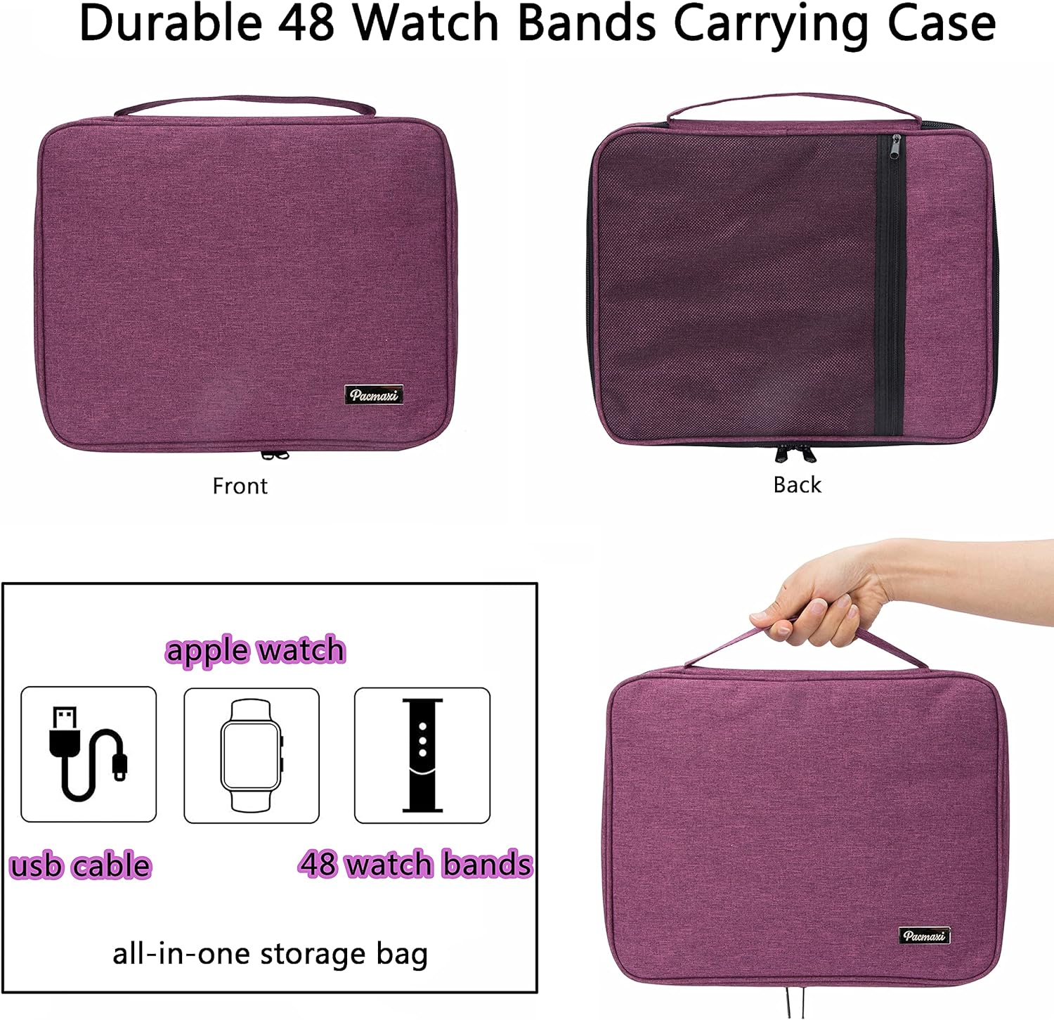 PACMAXI 48 Watch Bands Storage Bag, Watch Band Carrying Case Fits for the Most Sizes of Watch Bands, Organizer for Watch Bands Holds 48 Pieces, Bag Only (Purple)