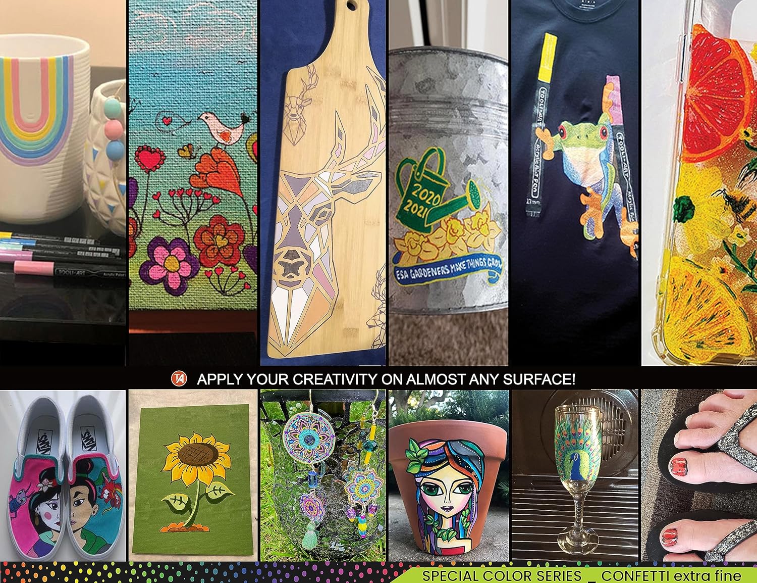 24 Confetti Colors Acrylic Paint Pens Markers Set 0.7mm Extra Fine Tip, Rock Painting, Glass, Mugs, Wood, Metal, Canvas, Ceramics, DIY Projects, Illustration. Non Toxic, Waterbased, Quick Drying - Image 9