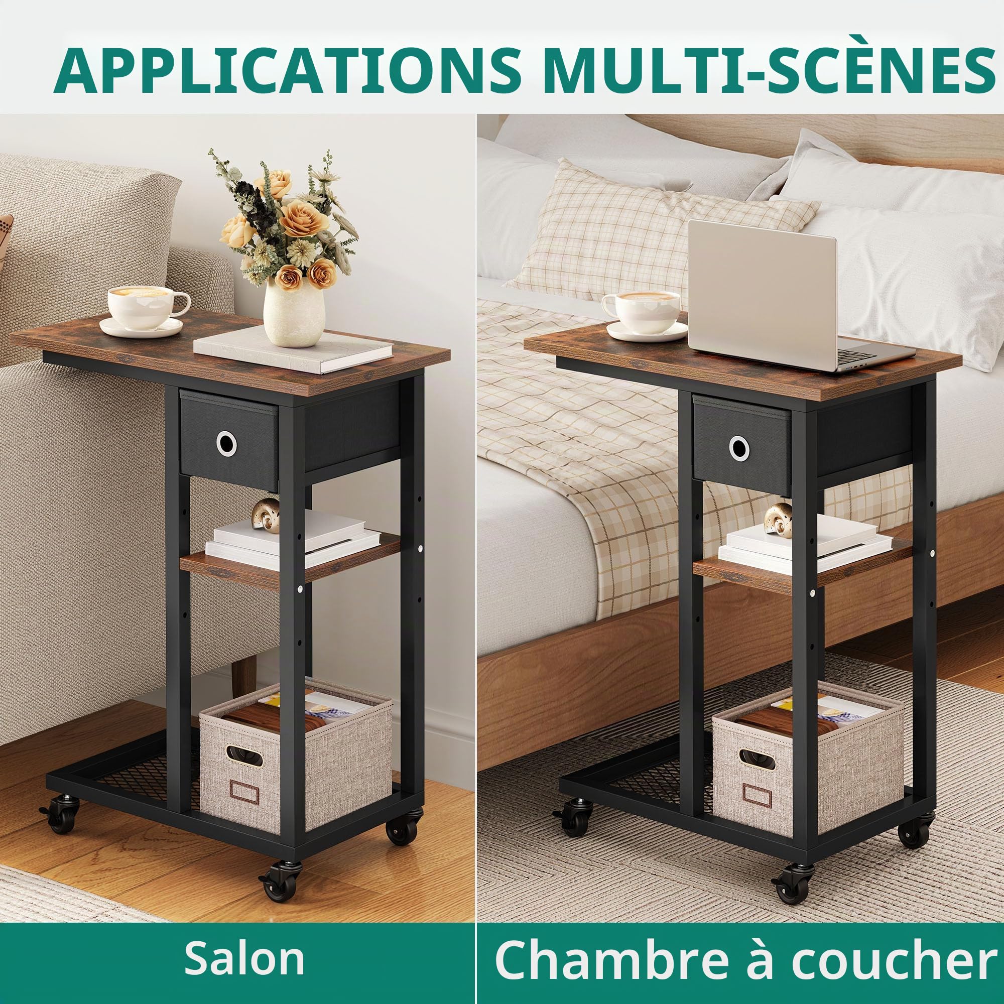 YITAHOME Table d'appoint, C Form Bout de Canapé avec roulettes e Tiroir, Table Basse pour Café et Ordinateur Portable, pour Salon, Chambre à Coucher, 50 x 30 x 67 cm, Brun Rustique