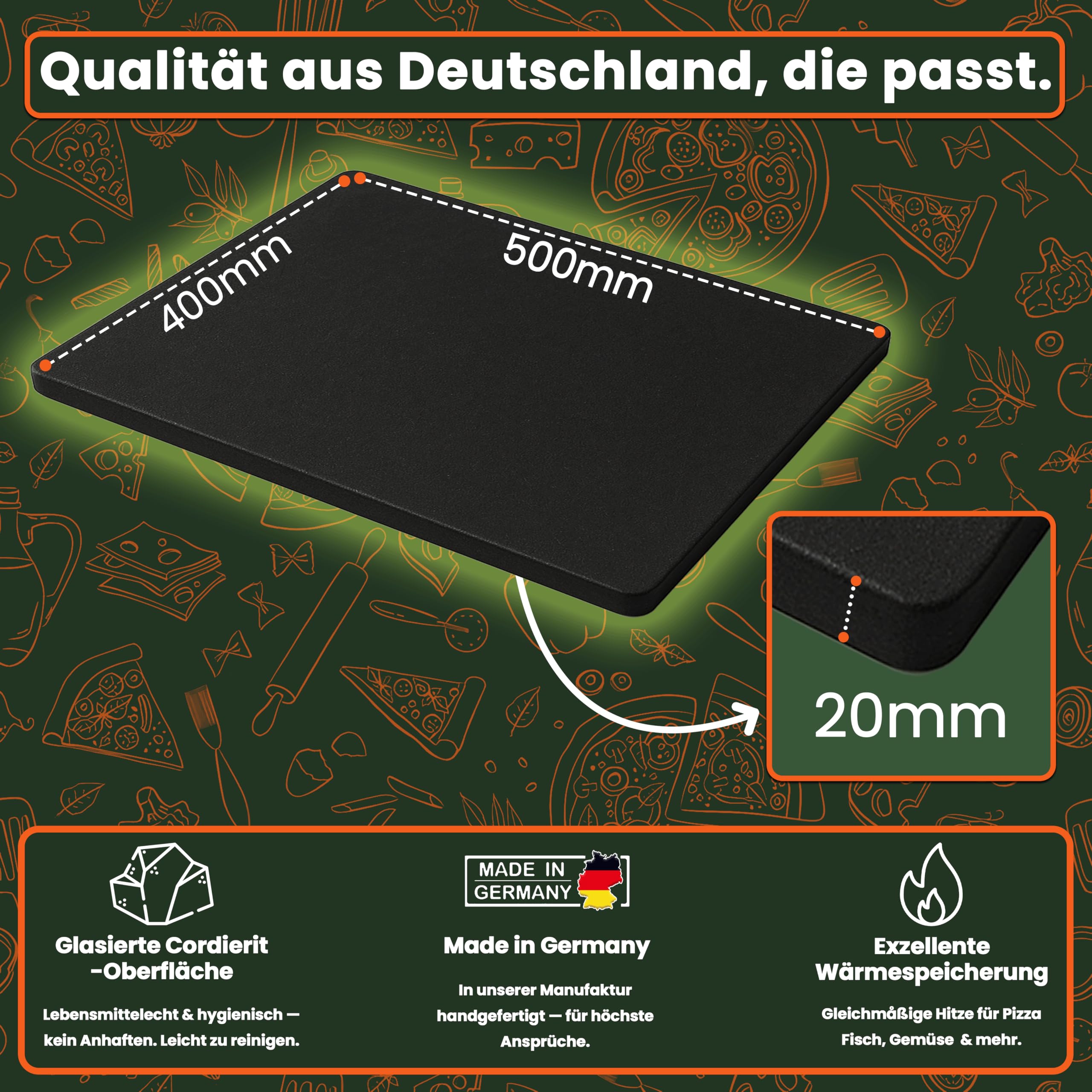 Megrill Cordierit Pizzastein für Holzkohle und Gasgrill 500x400x20 | Rechteckige Form, für Elektrogrill & Pizzaöfen geeignet, hitzebeständig bis 900°C, leicht zu reinigen, knusprige Pizzaböden