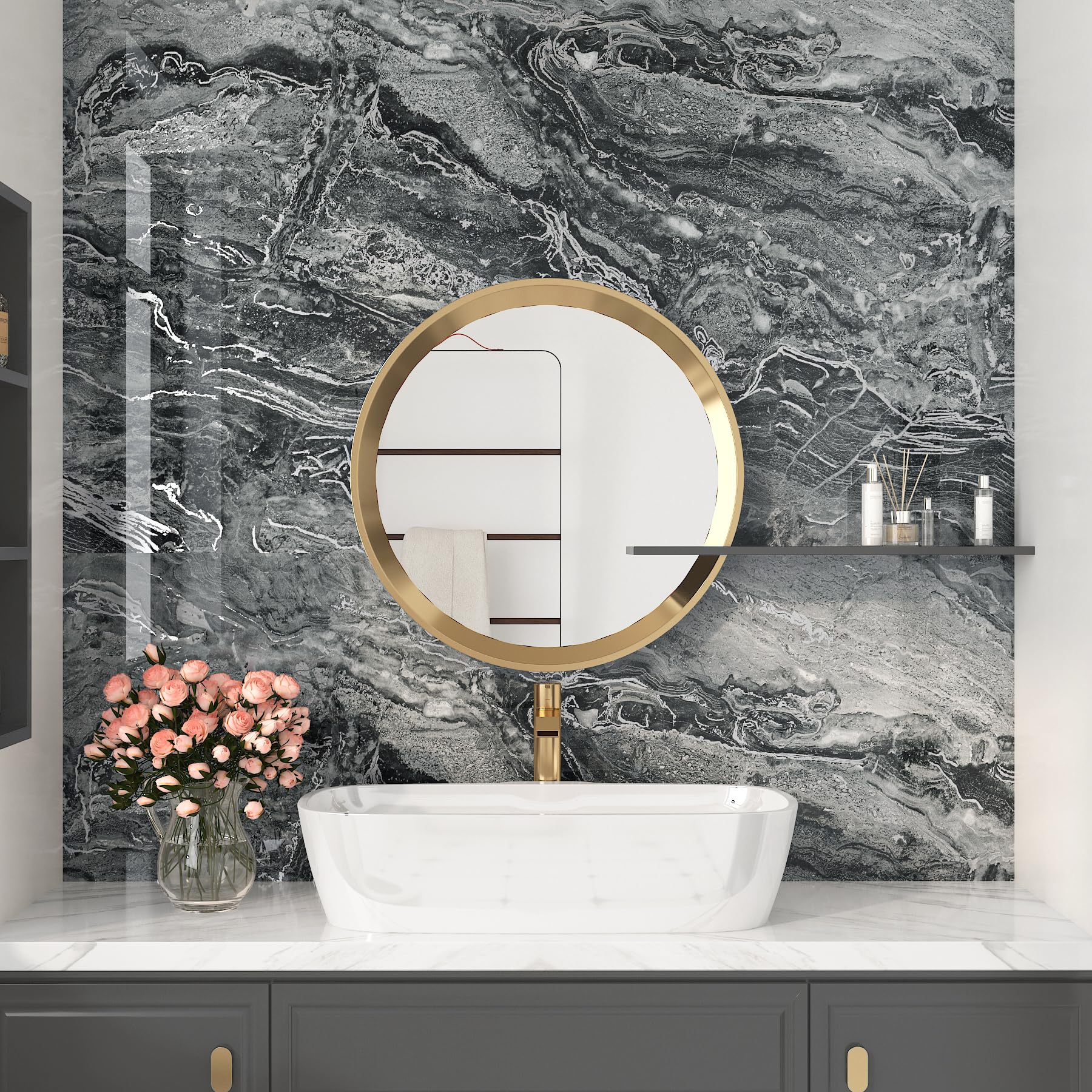 ReWallpaper 60CMx5M Carta da Parati Marmo Grigio Argento Lucido Pellicola Autoadesiva Mobili Cucina Bagno Rivestimento Tavolo Adesivo Marmo Grigio Carta Da Parati Moderna Camera Letto