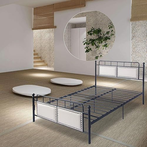 Miniatura 8 de Marco de cama de metal moderno de 12 pulgadas con rieles laterales, no necesita somier, tamaño matrimonial