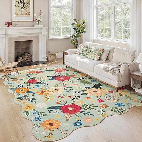 5x7 Scalloped Green Washable Rug for Living Room, Floral Area Rug, Non Slip Low Pile Soft Flower Carpet, Large Rugs for Bedroom, Dining Room, Office, Kids Playroom, Nursery, Sage Green