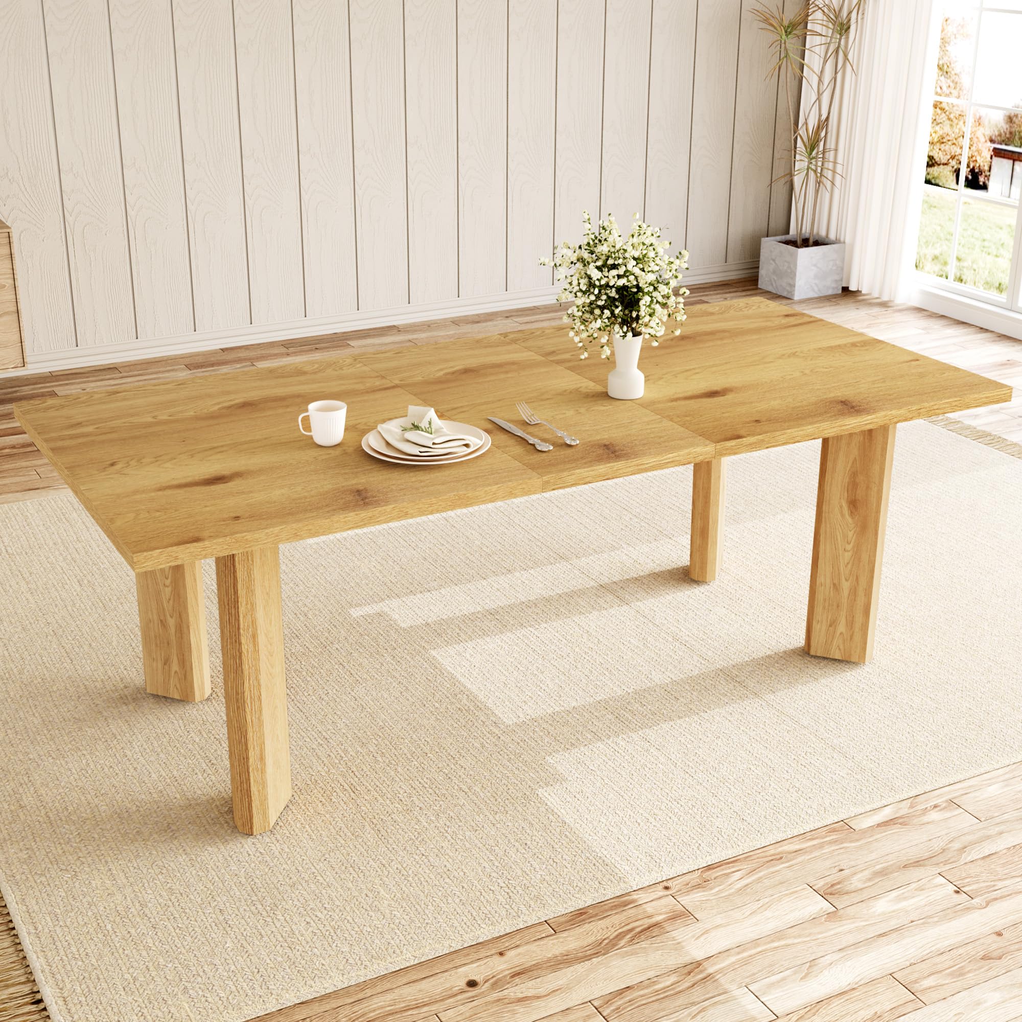 HIPIHOM Extendable Dining Table in extended position, set in a dining room with a vase of flowers and place settings.