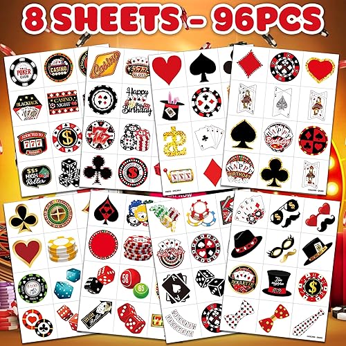 Miniatura 3 de Tatuajes temporales con temática de casino, decoraciones de fiesta de cumpleaños, suministros de decoración, lindas calcomanías de tatuaje, 8 hojas,
