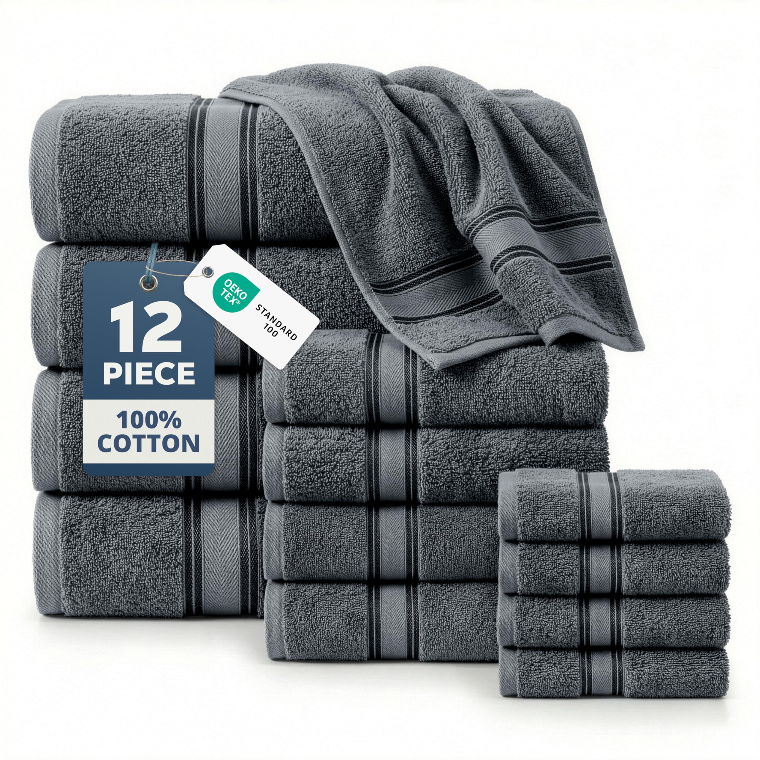 LANE LINEN Towel and Washcloths Set of 12 – 100% Cotton, Zero Twist, 4 Large Bath Towel, 4 Hand Towels & 4 Wash Cloths, Quick Dry & Long-Lasting,