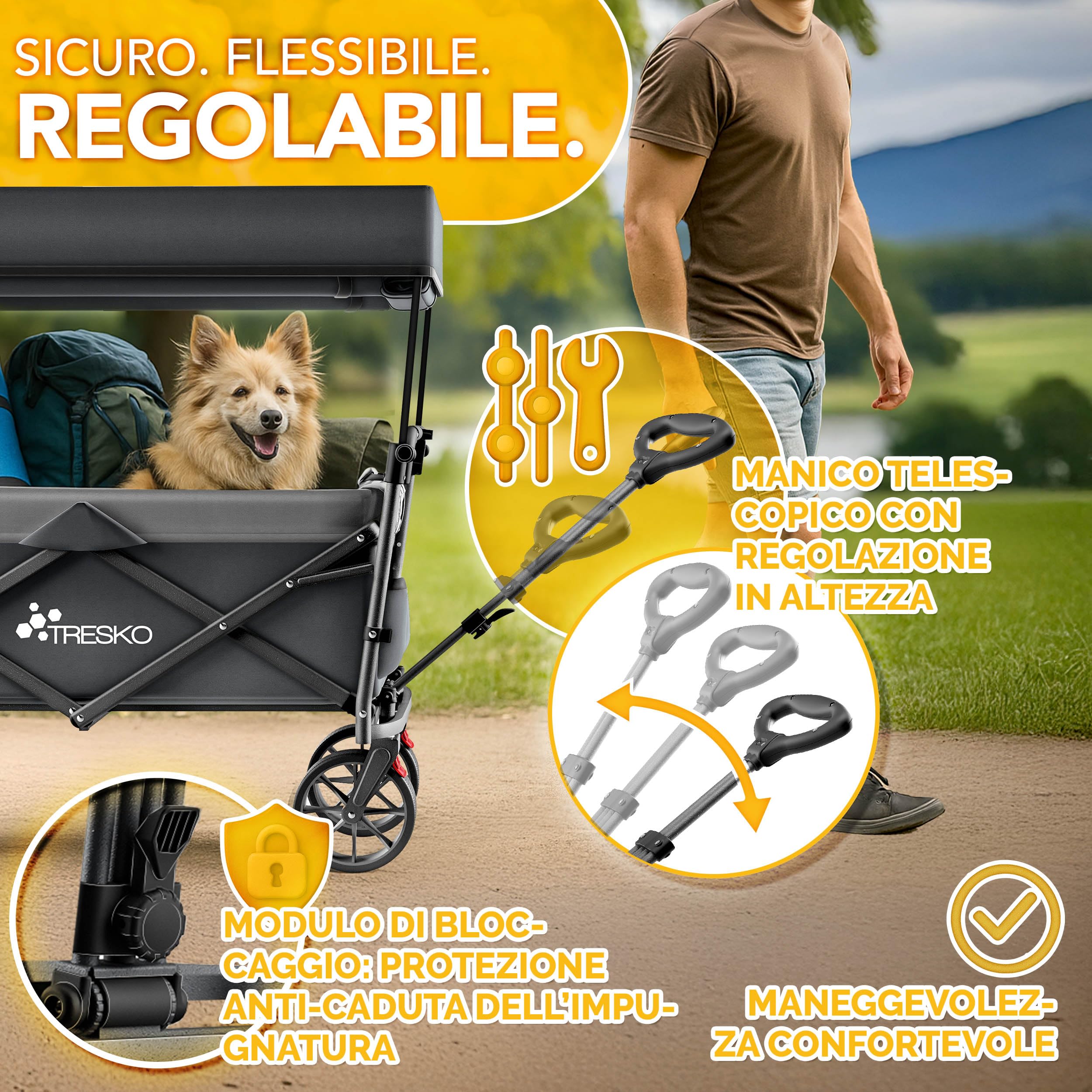 TRESKO® Carrello pieghevole con tetto, vano frigorifero e tapparelle laterali, portata massima fino a 150 kg, carrello di trasporto con pneumatici in gomma e freni di stazionamento