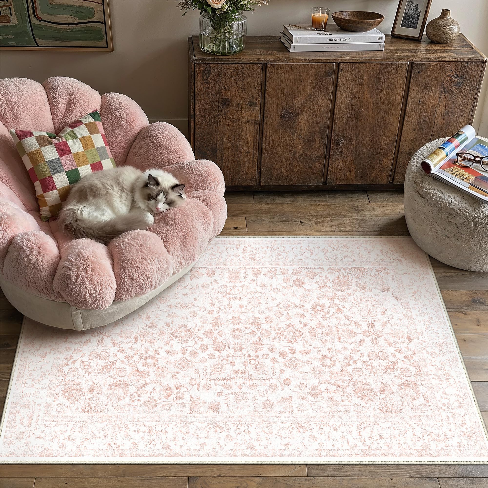 PureCozy 3x5 Pink Area Rug Washable Non Slip Vintage Carpet Living Room