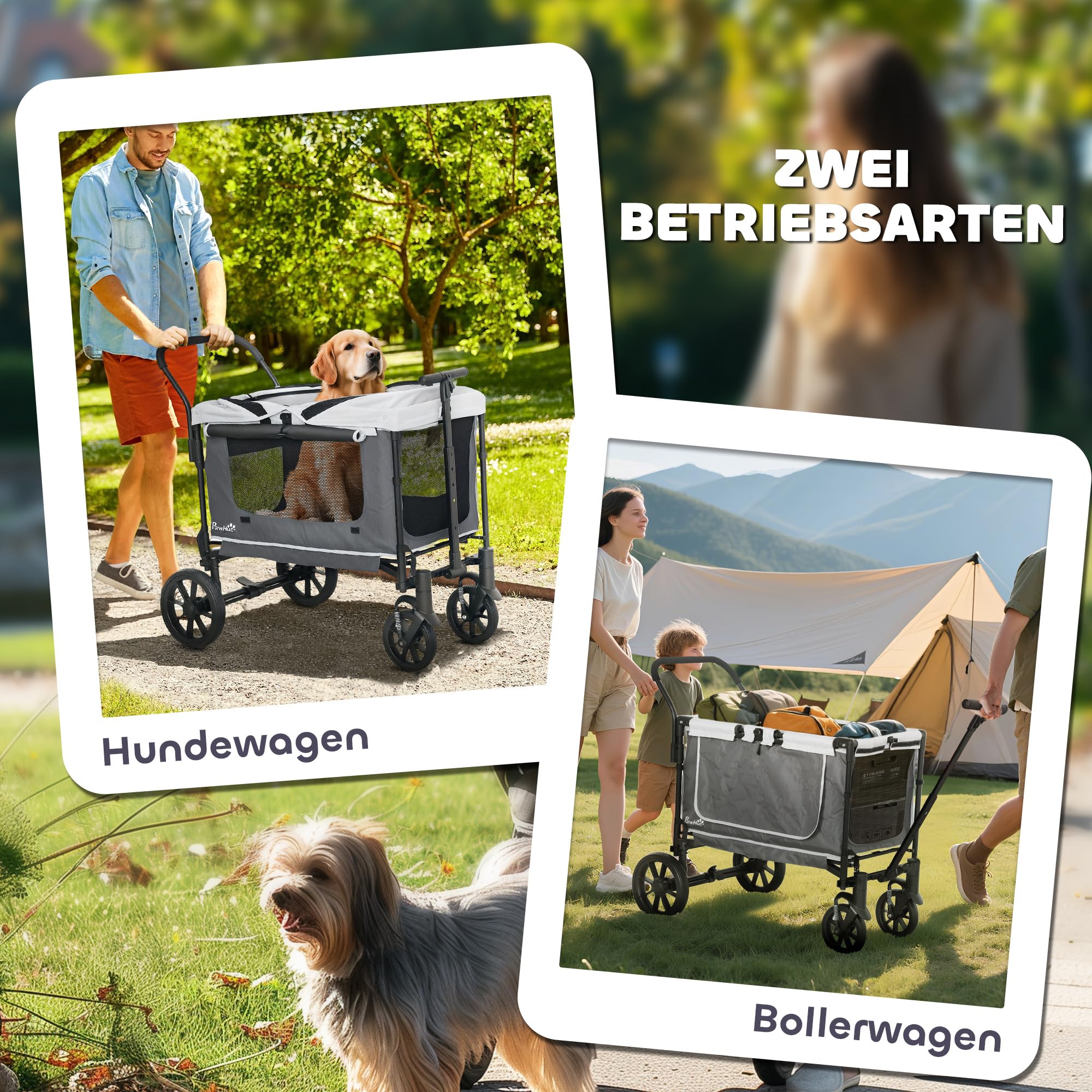 PawHut 2 in 1 Hundewagen Hundebuggy klappbar für Hunde & Katzen bis 30 kg Bollerwagen mit Kissen Netzfenstern 2 Türen Aufbewahrungstasche Katzenwagen Buggy Dunkelgrau