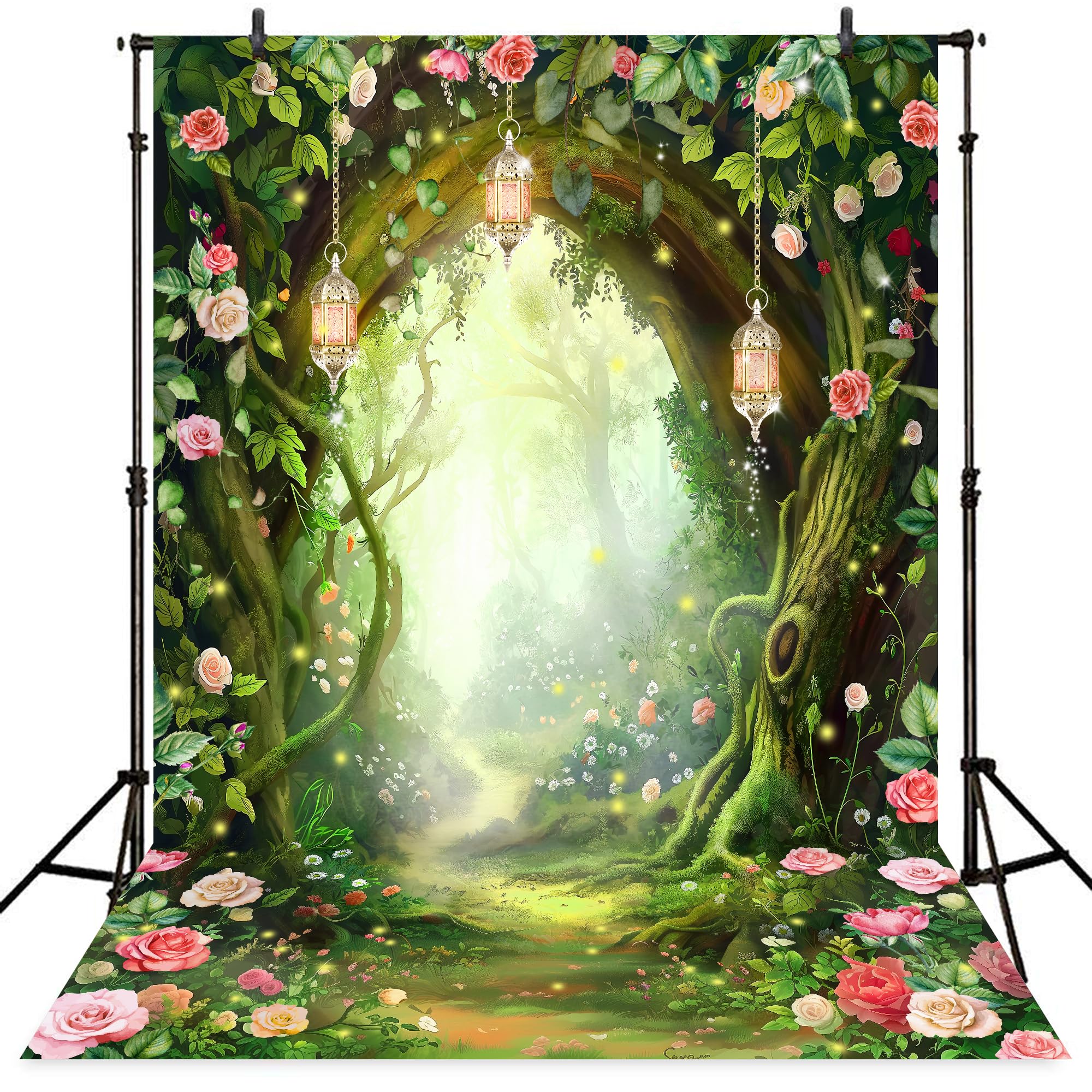 Riyidecor Fairy Backdrop Polyester Fabric Green Enchanted Garden Wonderland Butterfly Flower Magic Stained Glass 5Wx7H Feet Photography Background Birthday Baby Shower Photo Studio Shoot: 5Wx7H F-Green Flower
