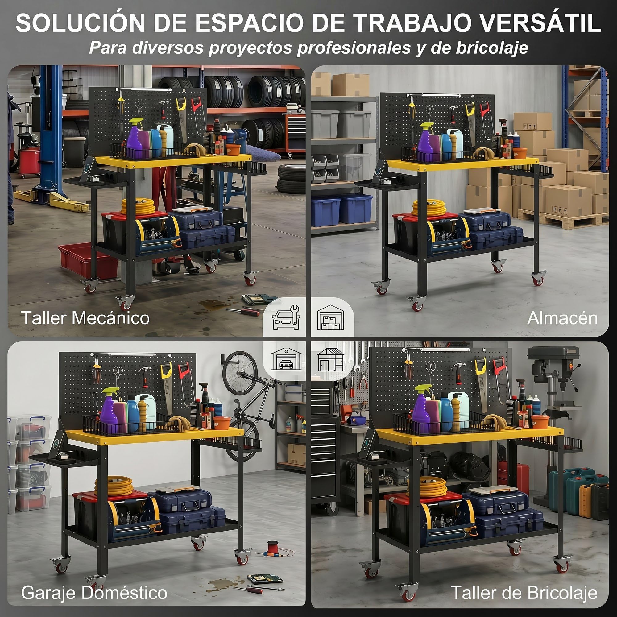 HOMCOM Banco de Trabajo con Panel Perforado y Ruedas, Mesa de Trabajo con Enchufes, USB, Luz LED y Estructura Metálica, Carga 300 kg, Banco para Garaje o Taller, 128x49,5x127,5 cm, Negro y Amarillo