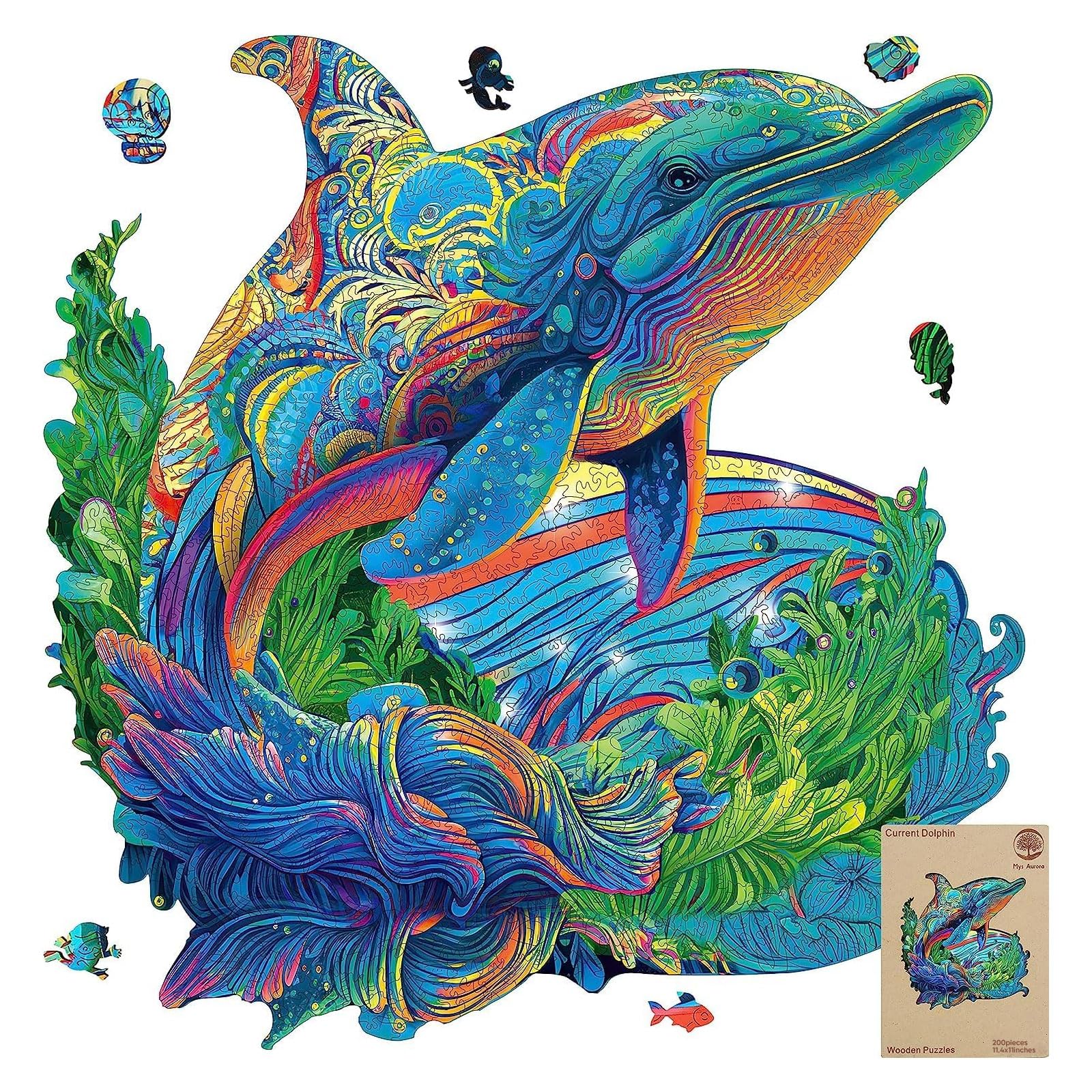 MYS Aurora Wooden Puzzles, Dolphin Jigsaw Puzzles 200 Pieces, Unique Shaped Wooden Puzzles for Adults and Kids, Family Game 11.4x11 Inch