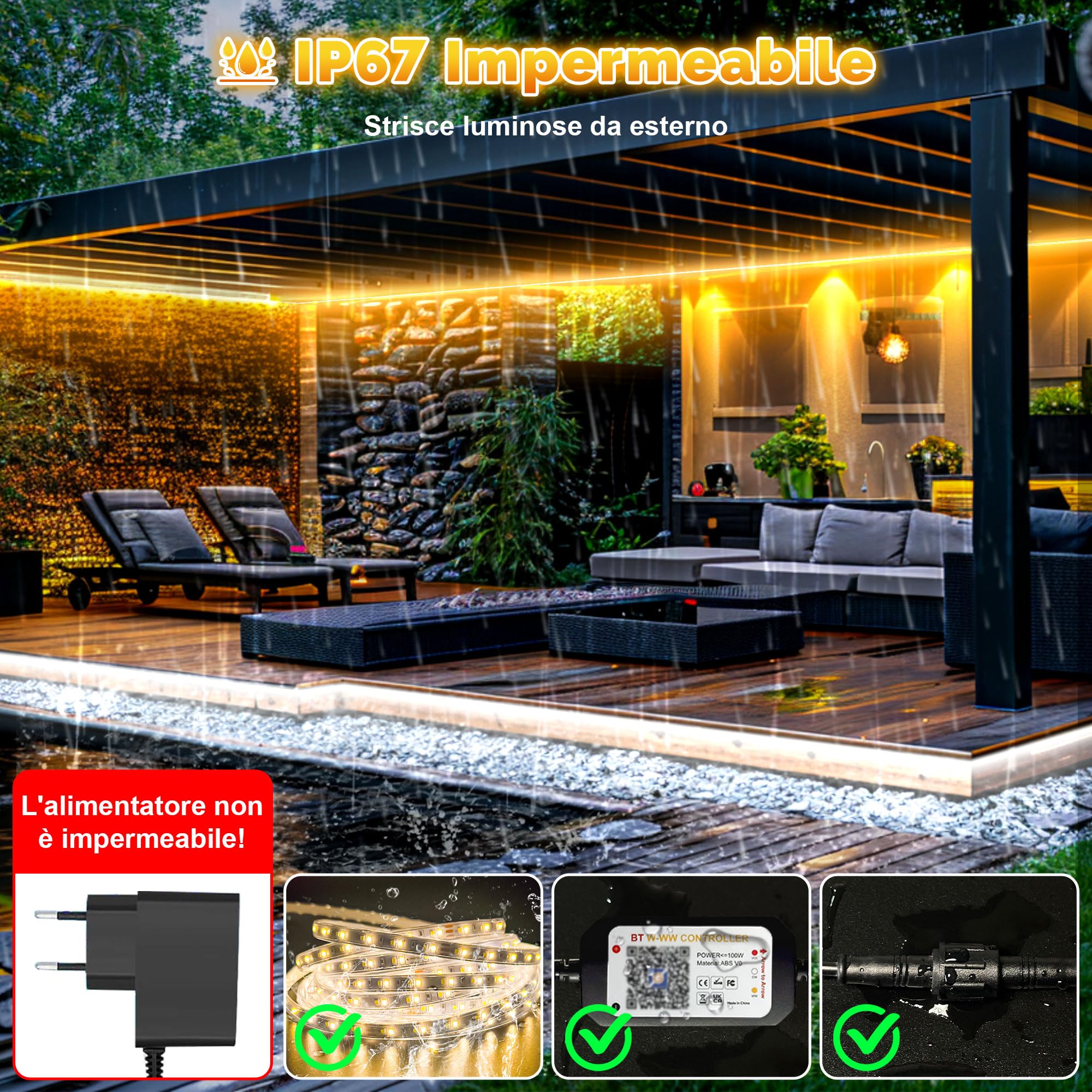 20M Striscia LED Esterno Impermeabile IP67, Luci Esterno LED Dimmerabile Bianca a Luce Calda, Strisce Adesive con Telecomando & APP, Striscia Impermeabile 24v per Cucina da Esterno, Gazebo