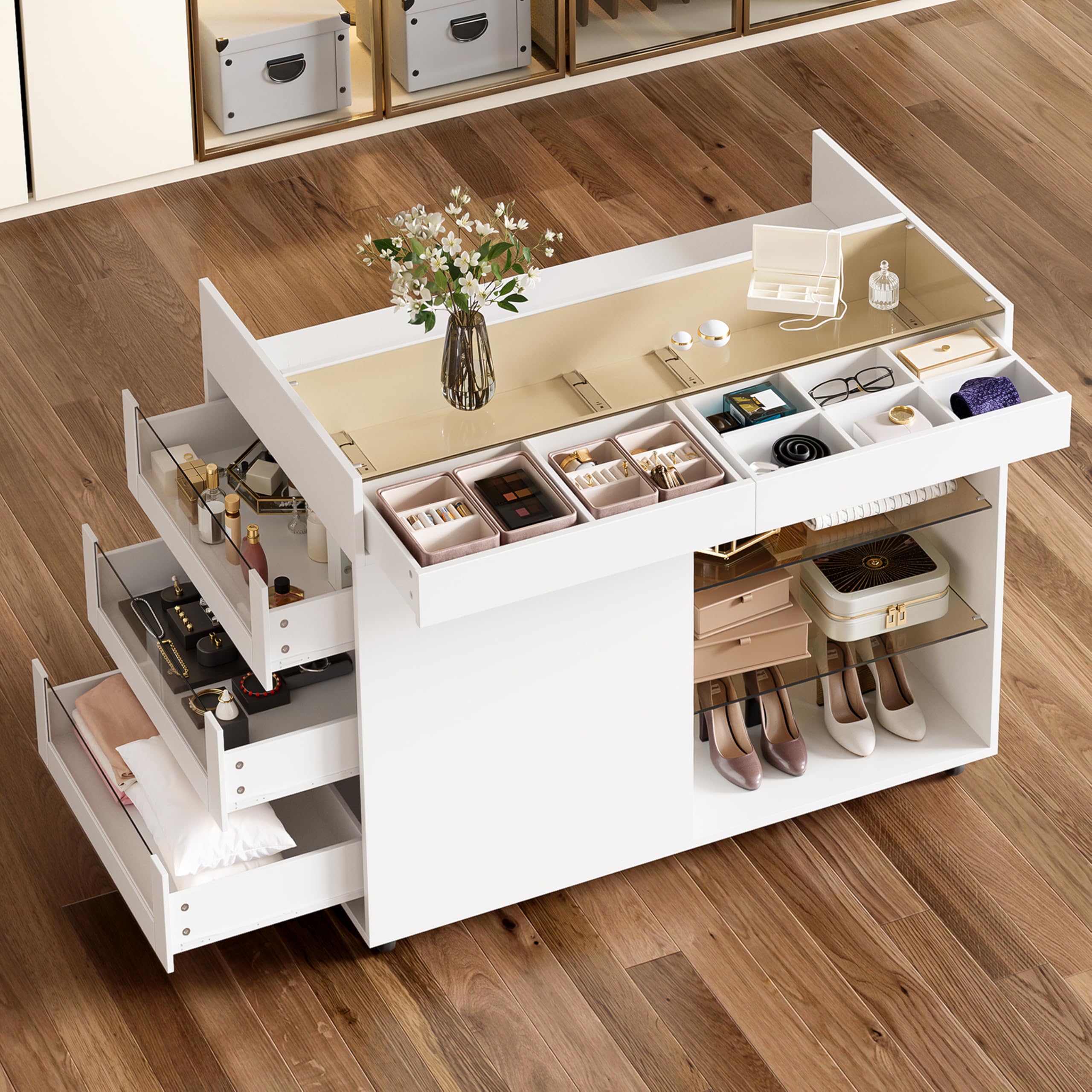 Aparador blanco, aparador para salón, armario de cocina, armario de bufé, con 5 cajones, compartimentos, equipado con ruedas, para salón, comedor, 110 × 60 × 79 cm