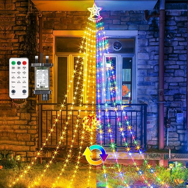 GlobaLink Christmas Lights Outdoor Star Fairy Lights, 349 LED Christmas Tree Lights IP65 with Remote Control, Timer and 8 Modes for Wedding Yard Gazebo Christmas Decorations Warm White & Multi-Colour