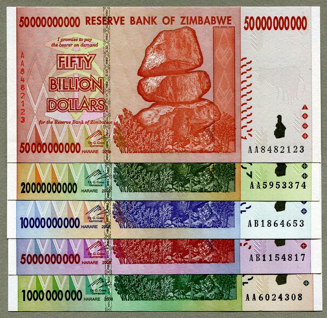 – RBZ Collectibles Currency Banknotes Set - Zimbabwe 50 20 10 5 1 Billion Dollars UNC 2008