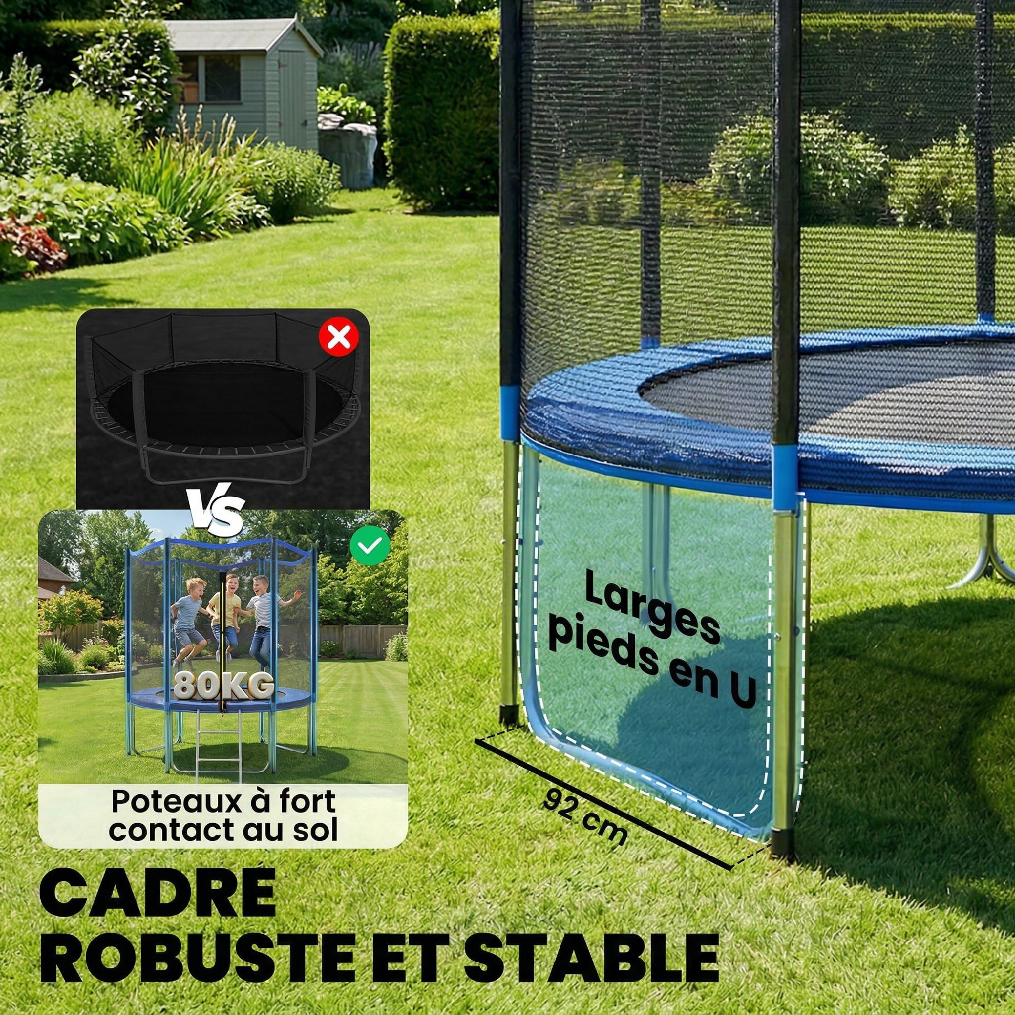 SPORTNOW Trampoline Extérieur Ø183cm pour Enfants et Adultes - Trampoline de Jardin Hauteur 2m avec 6 Poteaux au Sol Ultra Stables - Charge 80kg, 36 Ressorts, Échelle et Protection XXL 25cm, Bleu