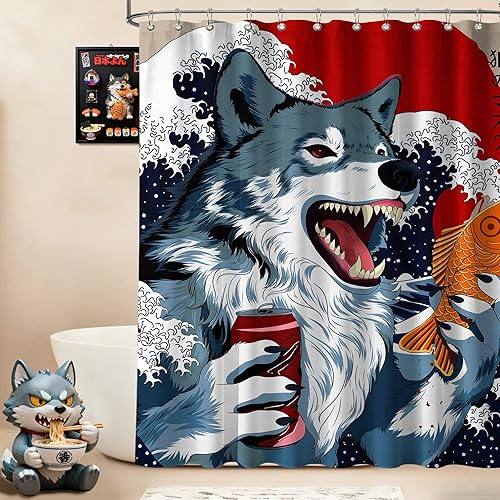 Miniatura 13 de Divertida cortina de ducha con diseño de gato japonés para juegos de decoración de baño, tela de tela impermeable con ganchos, 70 x 72 pulgadas