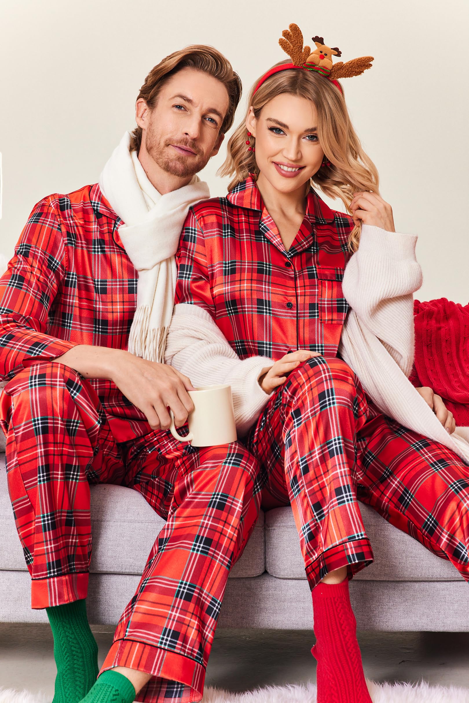 Ekouaer Conjunto de pijama de satén de seda para mujer, manga larga, con botones, suave, de dos piezas, S-XXL, Tartán rojo de Navidad, Medium