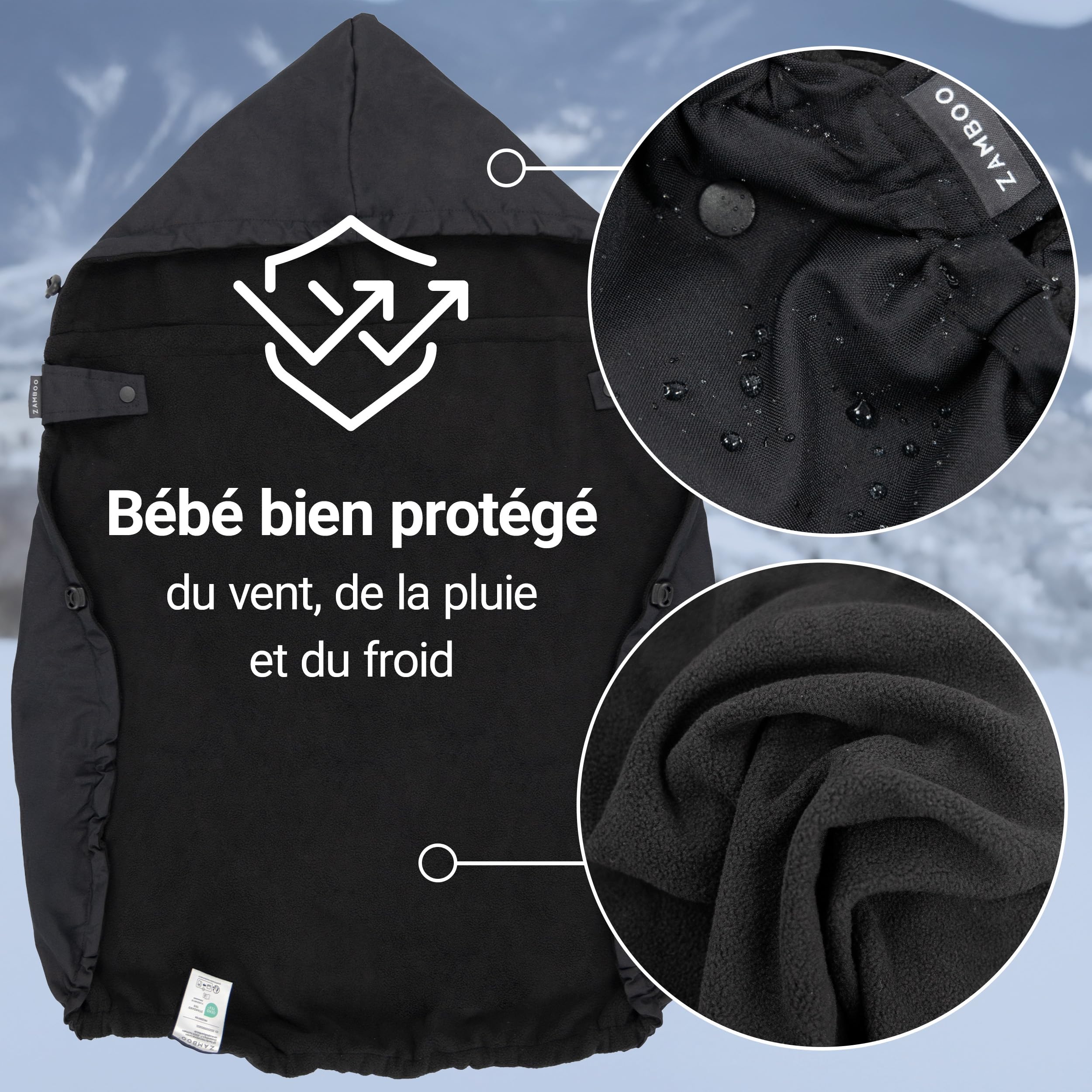 Zamboo Cape Porte Bebe – Protection Froid et Vent en Polaire - Noir | Compatible par ex. avec Infantino, Momcozy porte-bébé ventral I Certifiée OEKO-TEX Standard 100