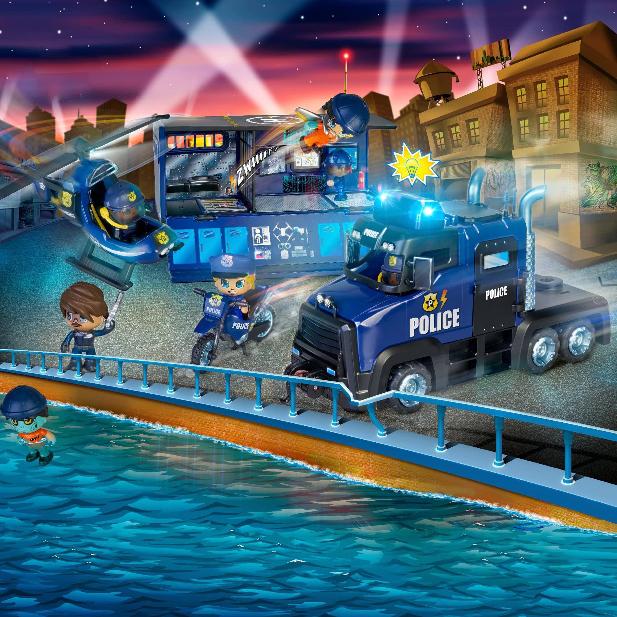 Pinypon Action - Super samochód policyjny, samochód zabawka z 3 w 1 światła, pojemnik i scena gry, 1 motocykl, 1 mini helikopter, 2 figurki, policja i więzień i akcesoria, Famosa (700017344)
