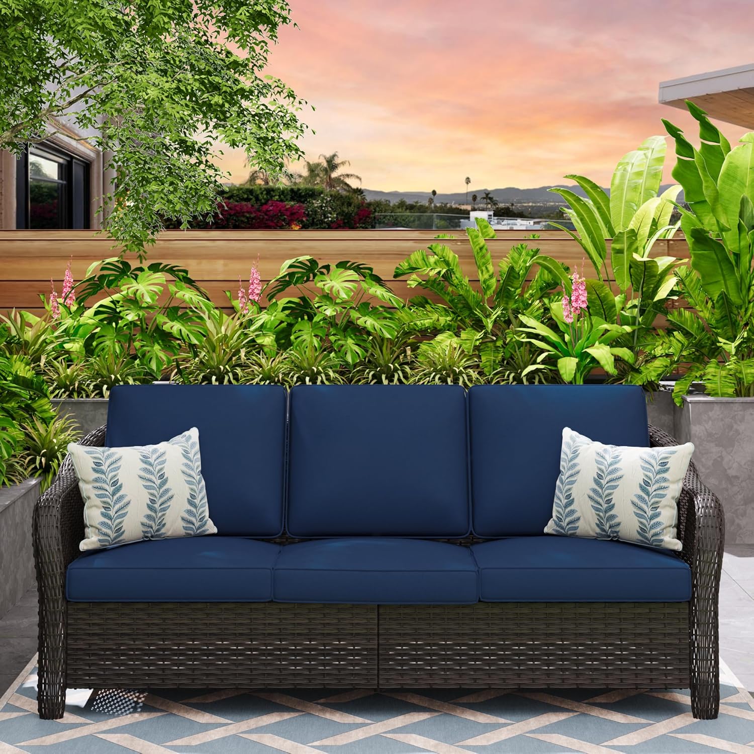 78″ Wicker 3-seat Sofa, Outdoor Conversation Furniture, All-Weather Rattan Couch, Steel Frame Couch with Cushions for Garden, Poolside, Porch (Navy Blue) 78″ Wicker 3-seat Sofa, Outdoor Conversation Furniture, All-Weather Rattan Couch, Steel Frame Couch with Cushions for Garden, Poolside, Porch (Navy Blue)