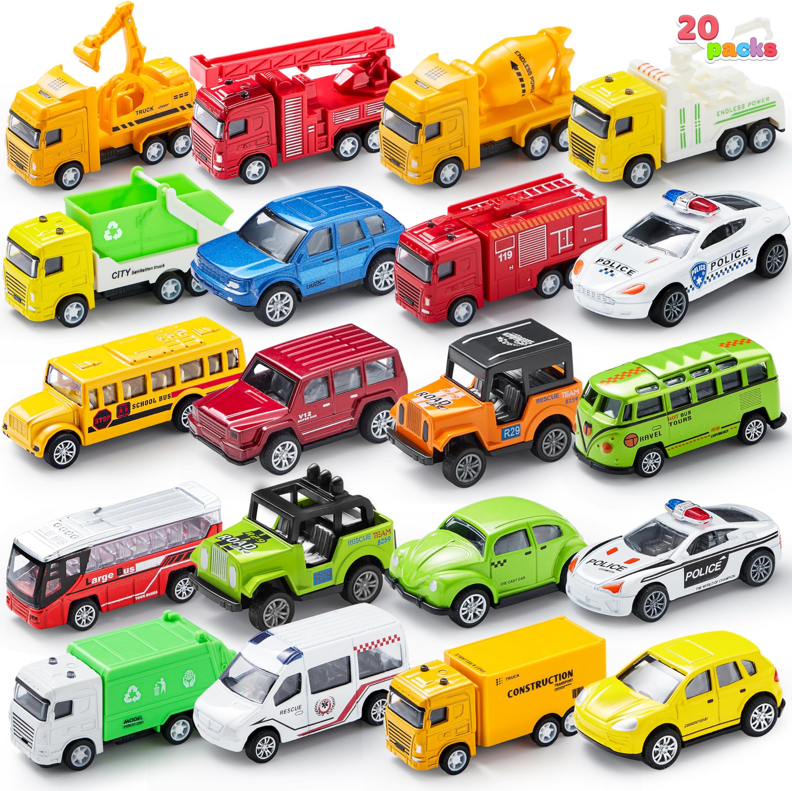 JOYIN 20 Piece Pull Back City Cars and Trucks, Die Cast Metal Toy Car Model Vehicle Set, Kids Play Vehicles Car Set, Toddlers Toy Cars Early Educational Toys Gifts for 3 4 5 6 7 8 Year Old Boys Girls