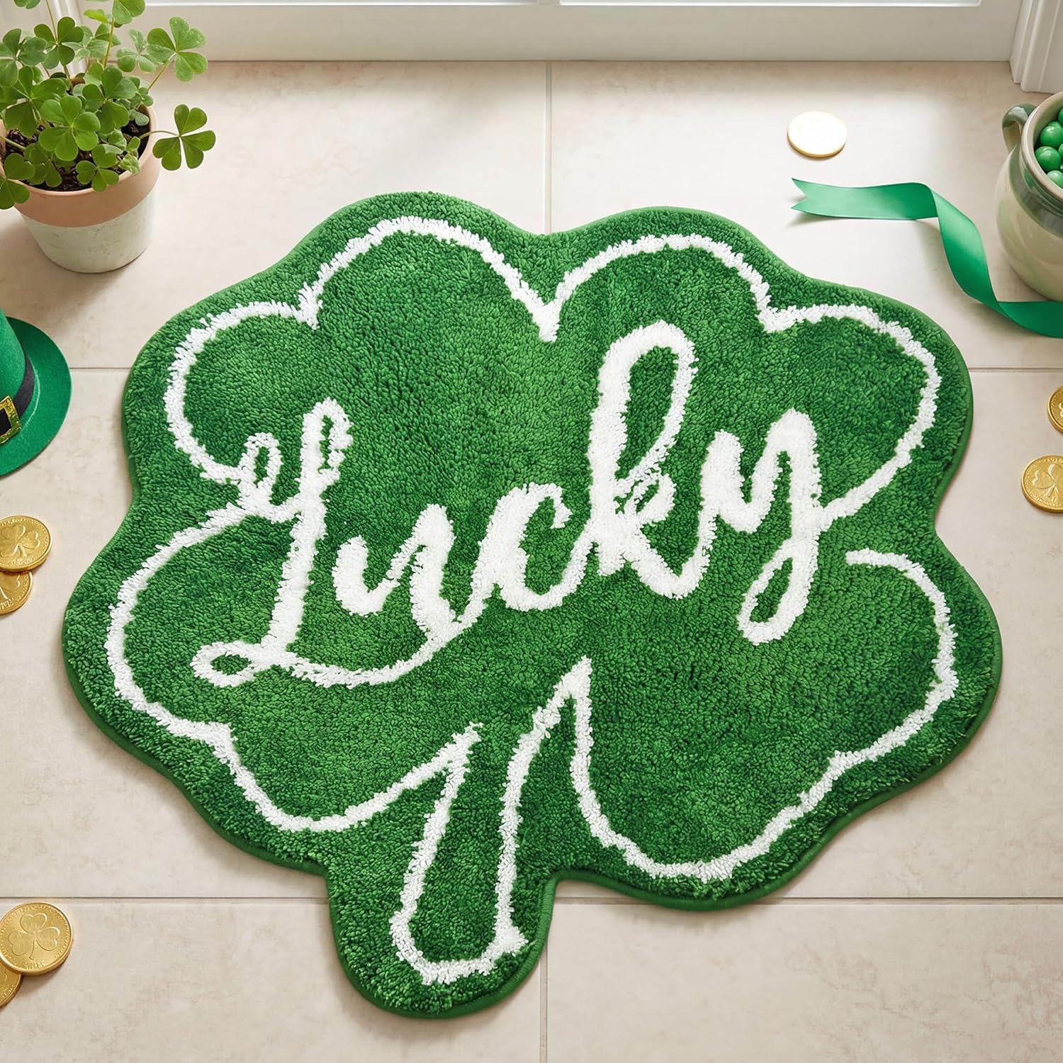 St. Patrick's Day Bath Rug Lucky Green Shamrocks, Happy Saint Patricks Doormat Irish Four Leaf Mat Non Slip Rugs for Bathroom Entrance Front Door Indoor Outdoor 24x24 Inches
