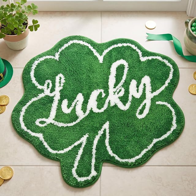 St Patricks Day Bath Rug Lucky Green Shamrocks Happy Saint Patricks Doormat Irish Four Leaf Mat Non Slip
