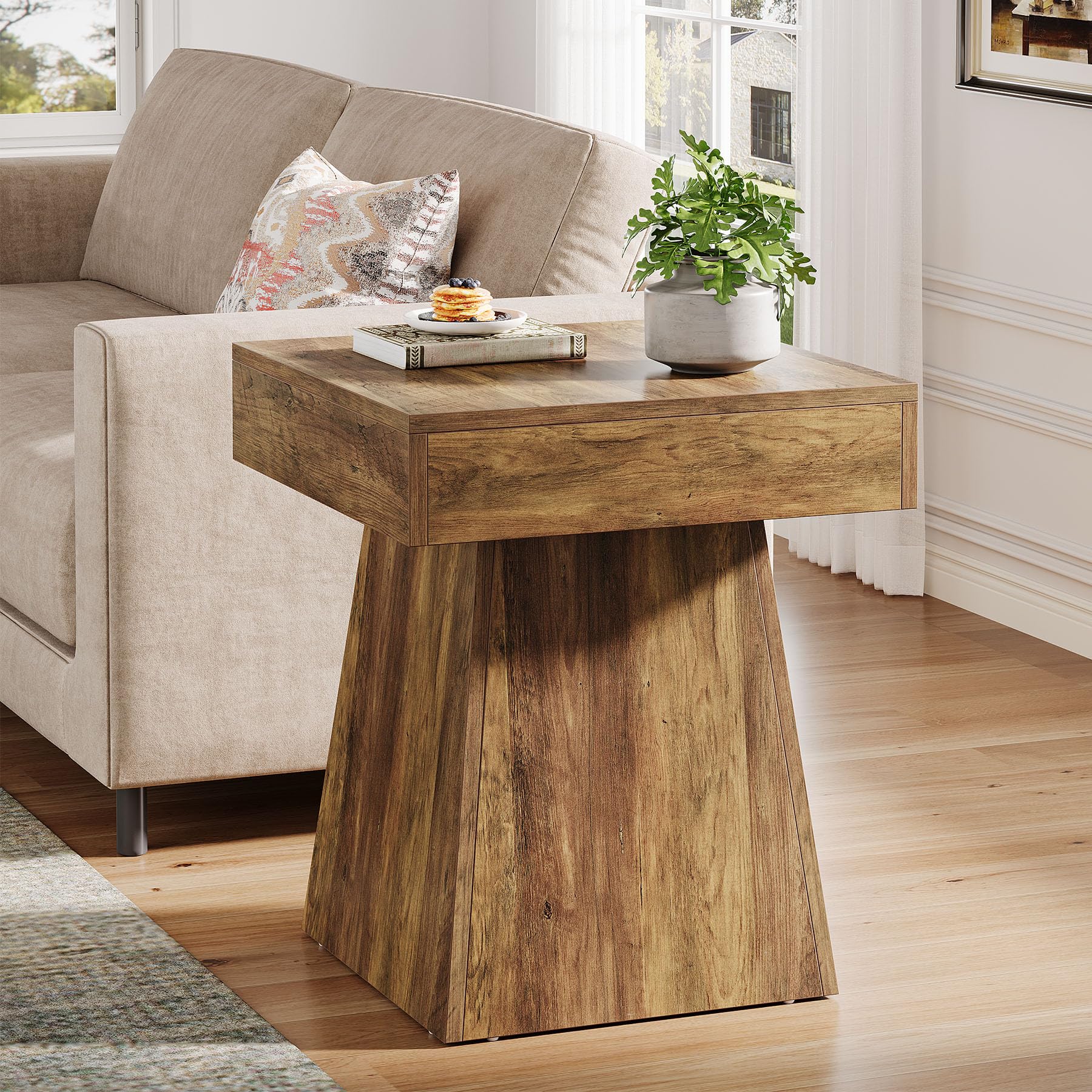 Tribesigns Small End Table Set of 2, Rustic Square Side Table with Wide Base, Farmhouse Small Nightstand Beside Bed, Next to Armchair, for Living Room, Brown