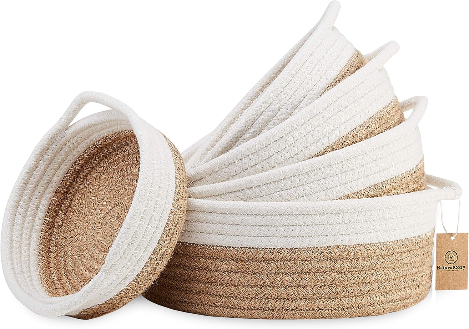 NaturalCozy 5Piece Round Small Woven Baskets Set Cotton Rope Baskets for