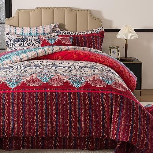 Miniatura 8 de FADFAY Juego de funda de edredón exótica bohemia, tamaño Queen, 100% algodón cepillado, suave, bohemio, estampado étnico, colorido, reversible, con