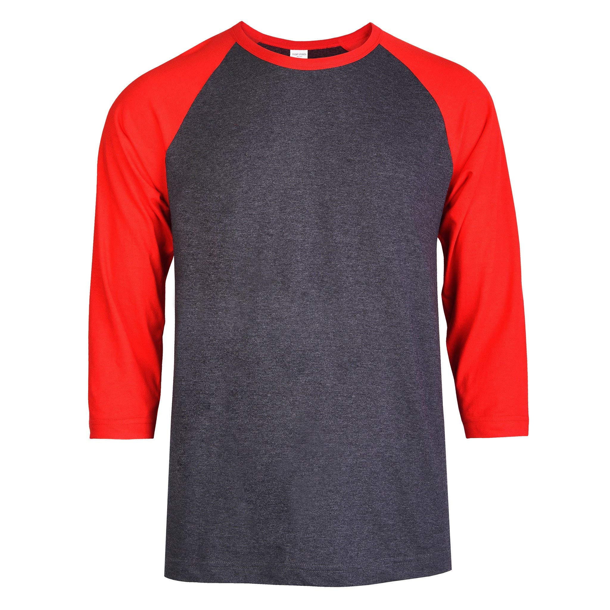 TOP PRO Men's 3/4 Sleeve Casual Raglan Jersey Baseball Tee Shirt, Red/Charcoal, S