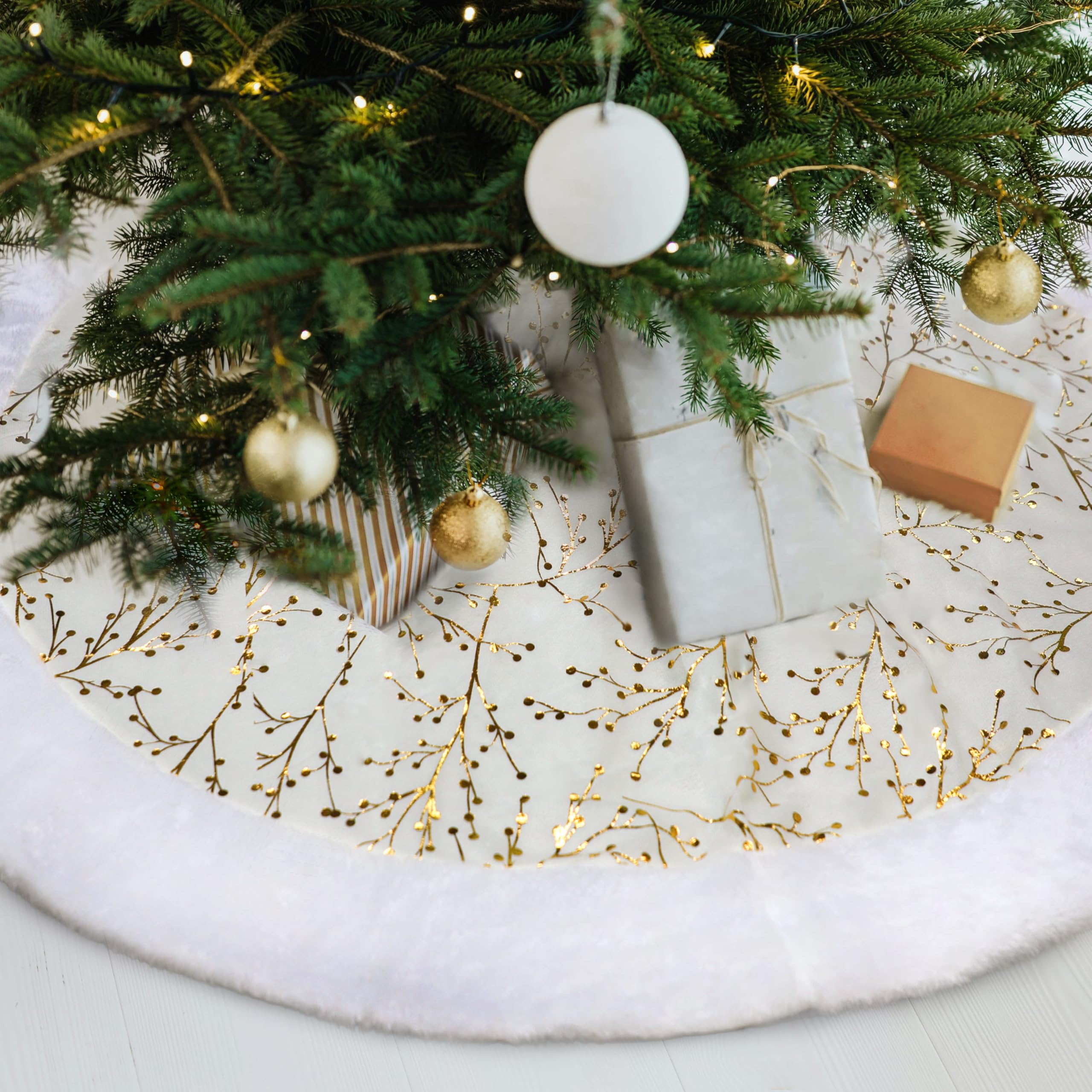 Jupe de sapin de Noël de 150 cm - Blanc et doré - Fausse fourrure - Ronde - Épaisse - En velours - Pour décoration de sapin de Noël