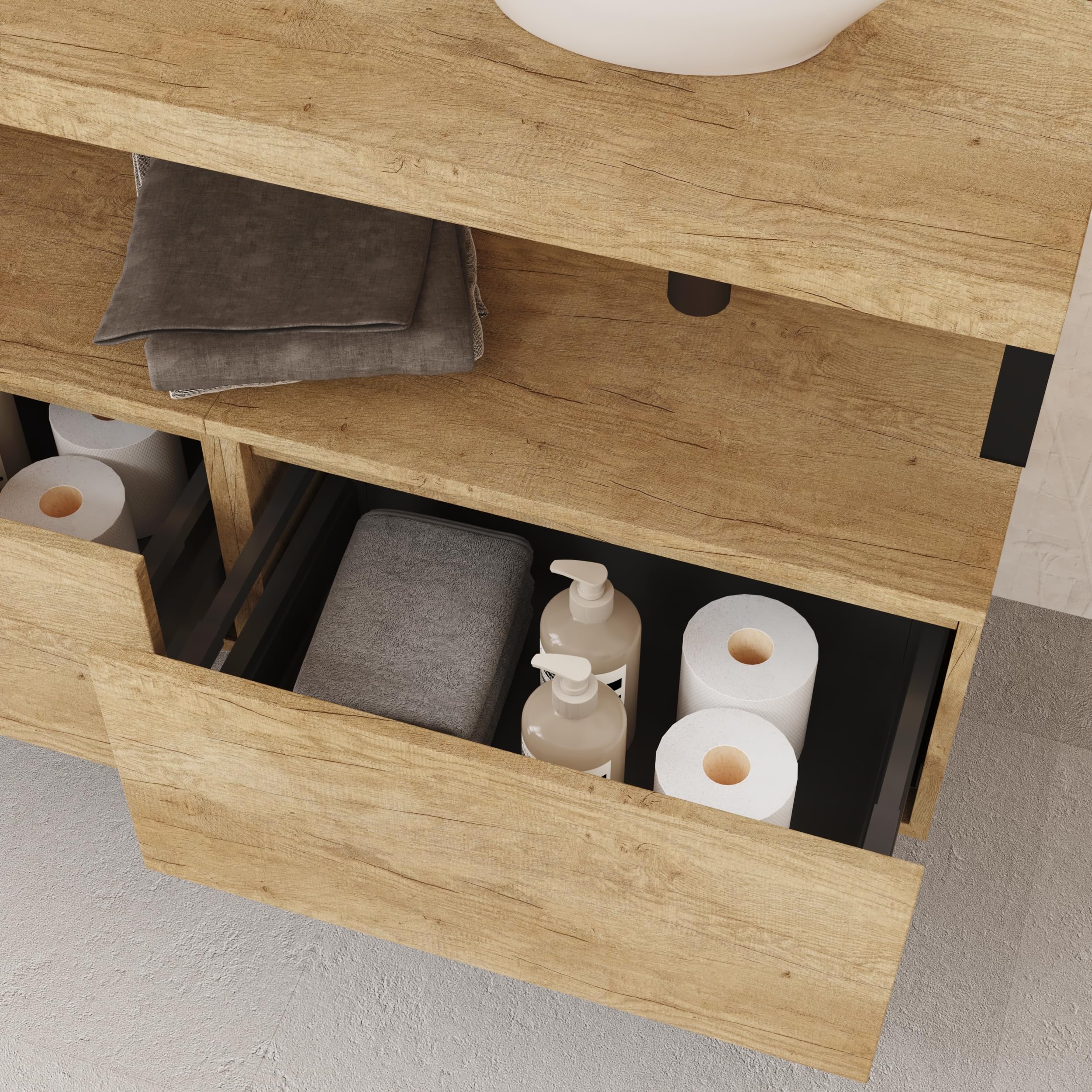 BAIKAL Mueble de Baño OVE. Mueble MONTADO. Armario con Lavabo. Encimera de Madera con Escuadras. Armario de Baño Suspendido. Incluye Lavabo Cerámico. 2 Cajones 120cm Nature