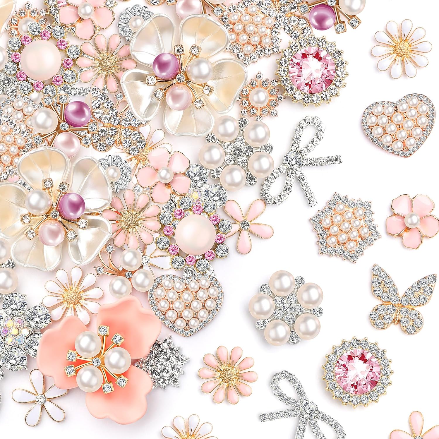Giegxin 96 Pcs Rhinestone Buttons for Crafts Clothes Faux Pearl Embellishments Pink Butterfly Rhinestone Flower Buttons Vintage Women Pearl Brooch for Jewelry Making, DIY, Bags Shoes Supplies
