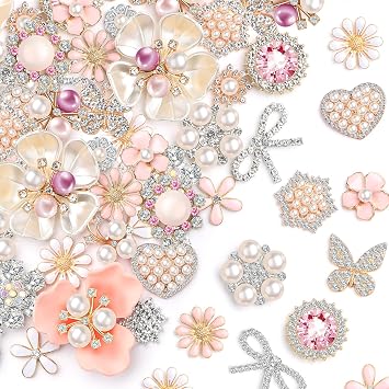 Giegxin 48 Pcs Rhinestone Buttons for Crafts Faux Pearl Embellishments | Pink Butterfly Rhinestone Flower Clothes Buttons Bulk, Vintage Women Pearl Brooch, for Jewelry Making, DIY Bag Shoes Supplies