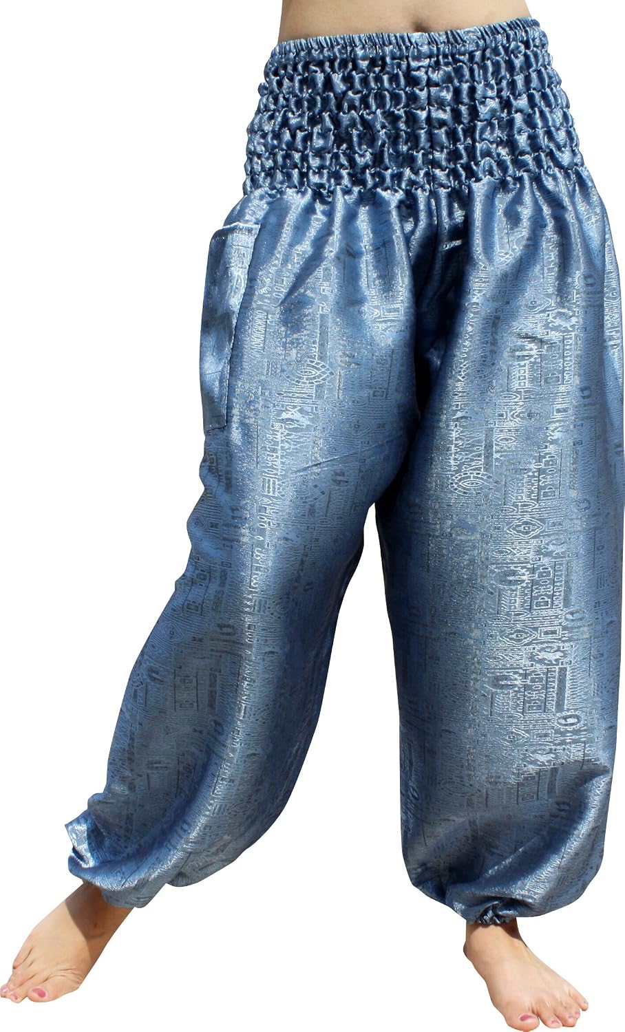 RaanPahMuang Textured Thai Silk Smock Waist MC Hammer Dance Pants with Pocket