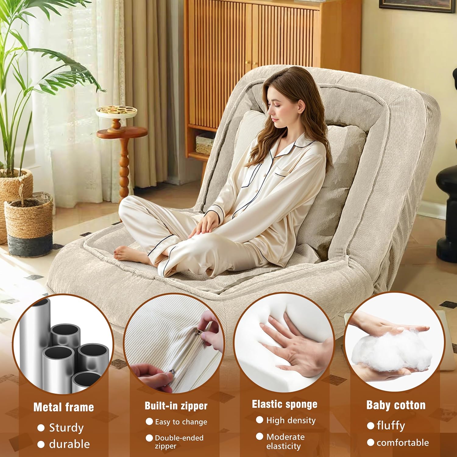 Upholstered Human Dog Bed for Adult & Pets, Convertible Lazy Sofa Bed with 5 Adjustable Position, Comfy Tatami Sofa Bed Bean Bag Sofa with 2 Soft Pillows for Bedroom Living Room Office (Beige)