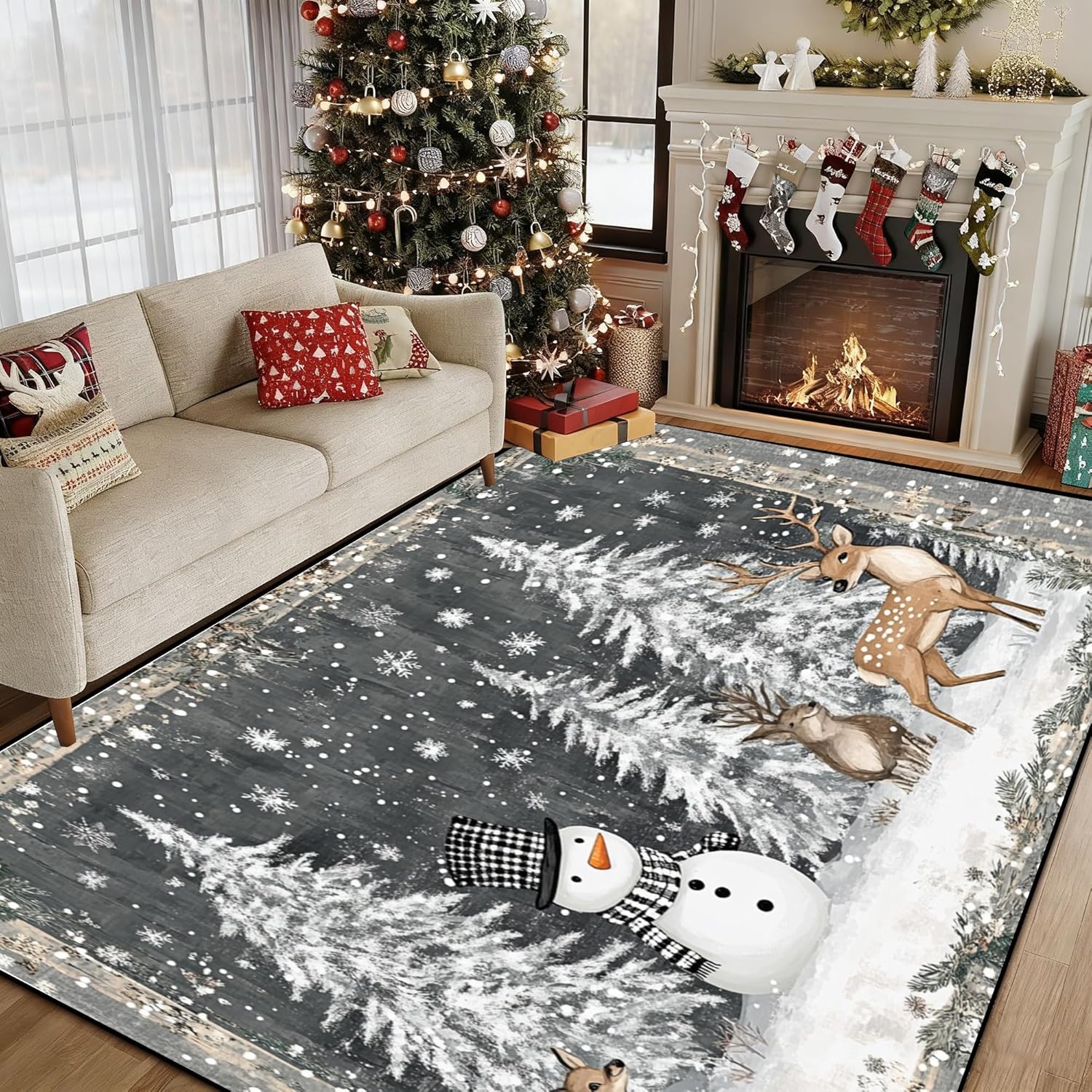 Amazon.com: Grey Snowman Deer Tree Christmas Area Rug, Winter Home ...