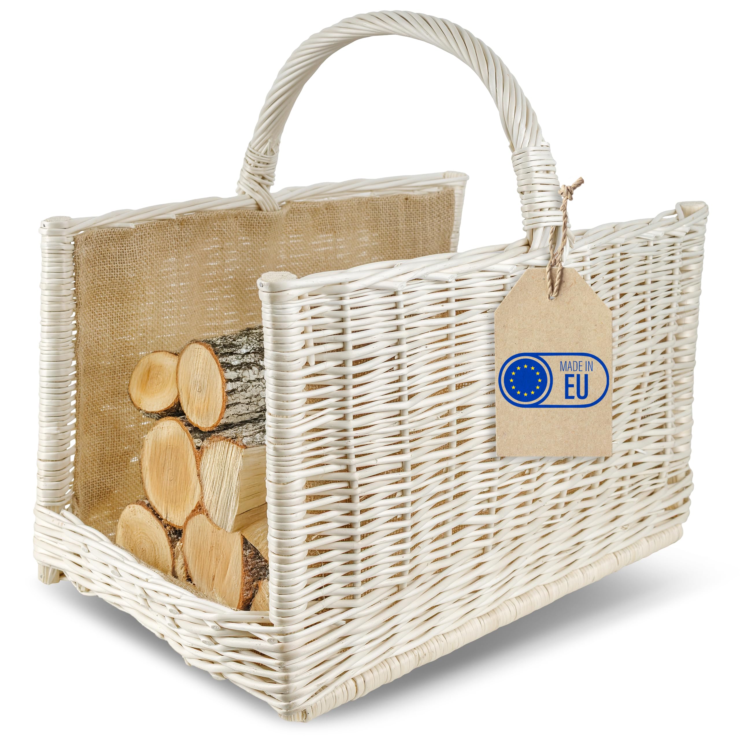 Creative Home Panier de Rangement Panier en Osier avec Poignée et Jute | Rectangulaire 50x34x50cm | Blanc | Tissé à la Main | Panier a Bois Panier Cadeau de Cheminée | Polyvalent et Durable