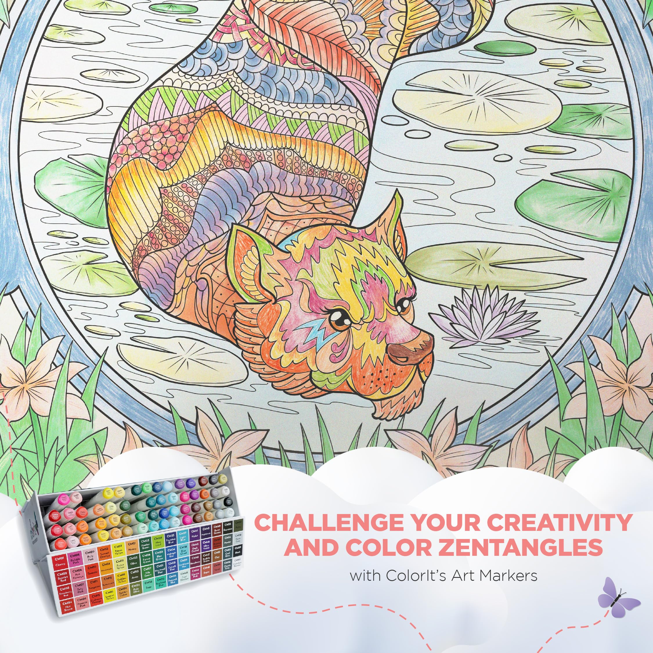 ColorIt Zentangle Malbuch für Erwachsene, Spiralbindung, 50 Zen Animal Kingdom Designs und Muster für Meditation und Achtsamkeit, dickes Papier, perforiertes Papier, flach liegend, fester Einband,