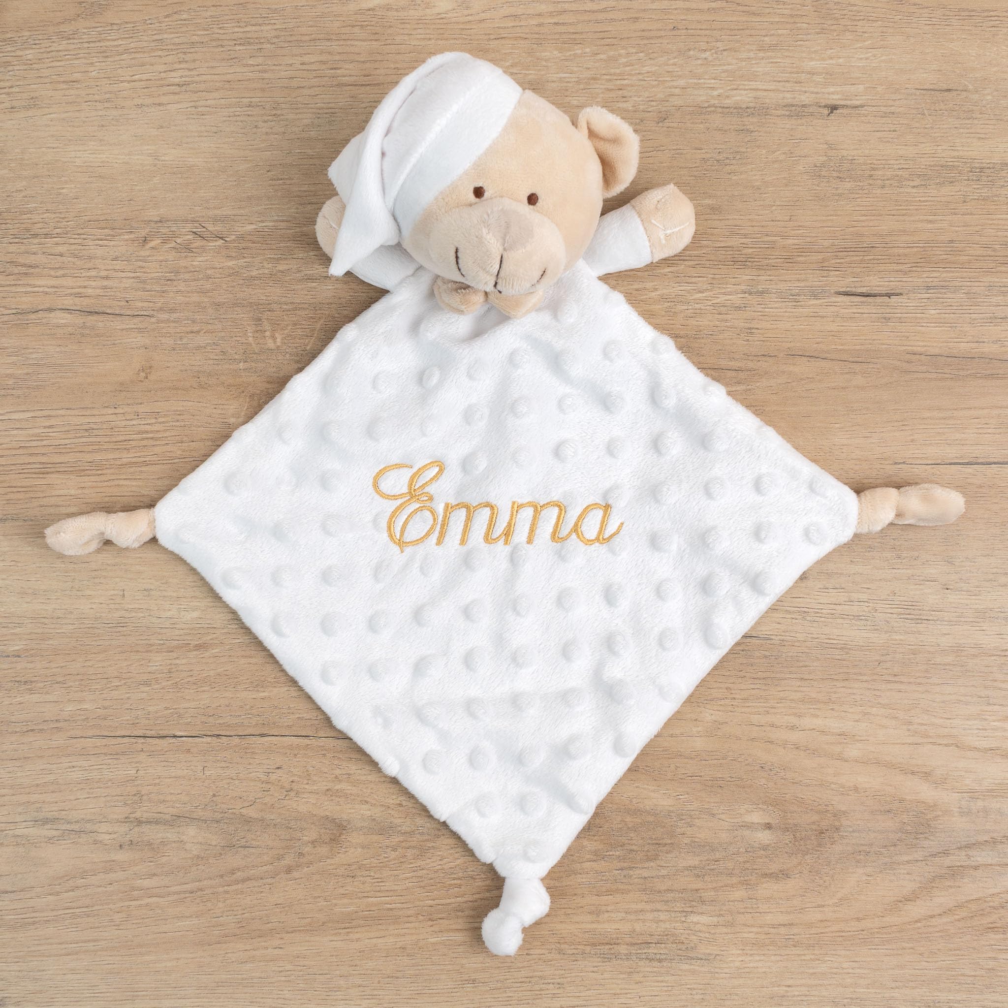 Wanapix | Doudou personalizzato con nome per neonati | Colore Bianco | Doudou con nome ricamato | Copertina con orsacchiotto di peluche | Finitura vellutata morbida e pois in rilievo