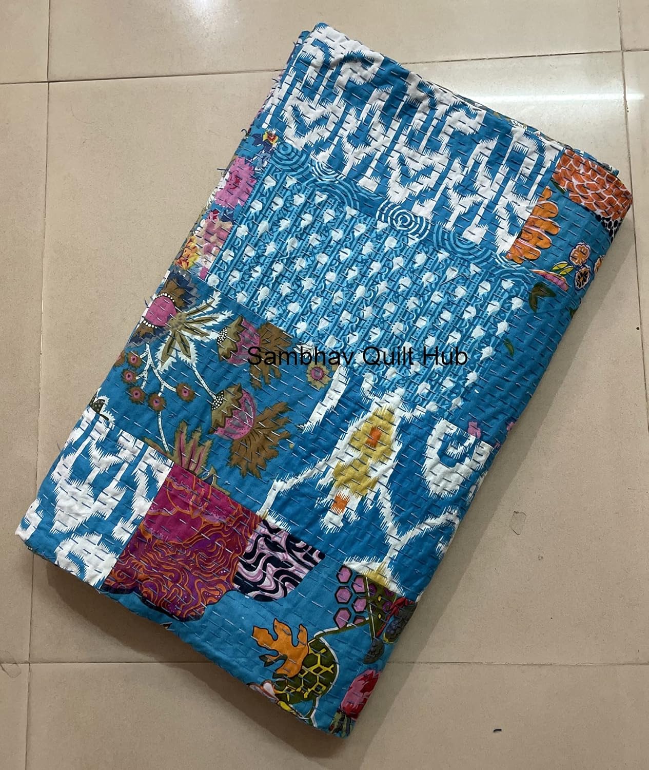 Handblock Print Multi Floral Assorted Cotton Patchwork Kantha Quilt Home Decorative Handmade Patch Quilted King Size Bohemian Bedding Throw Blanket Vintage Quilt (60X90 inches)