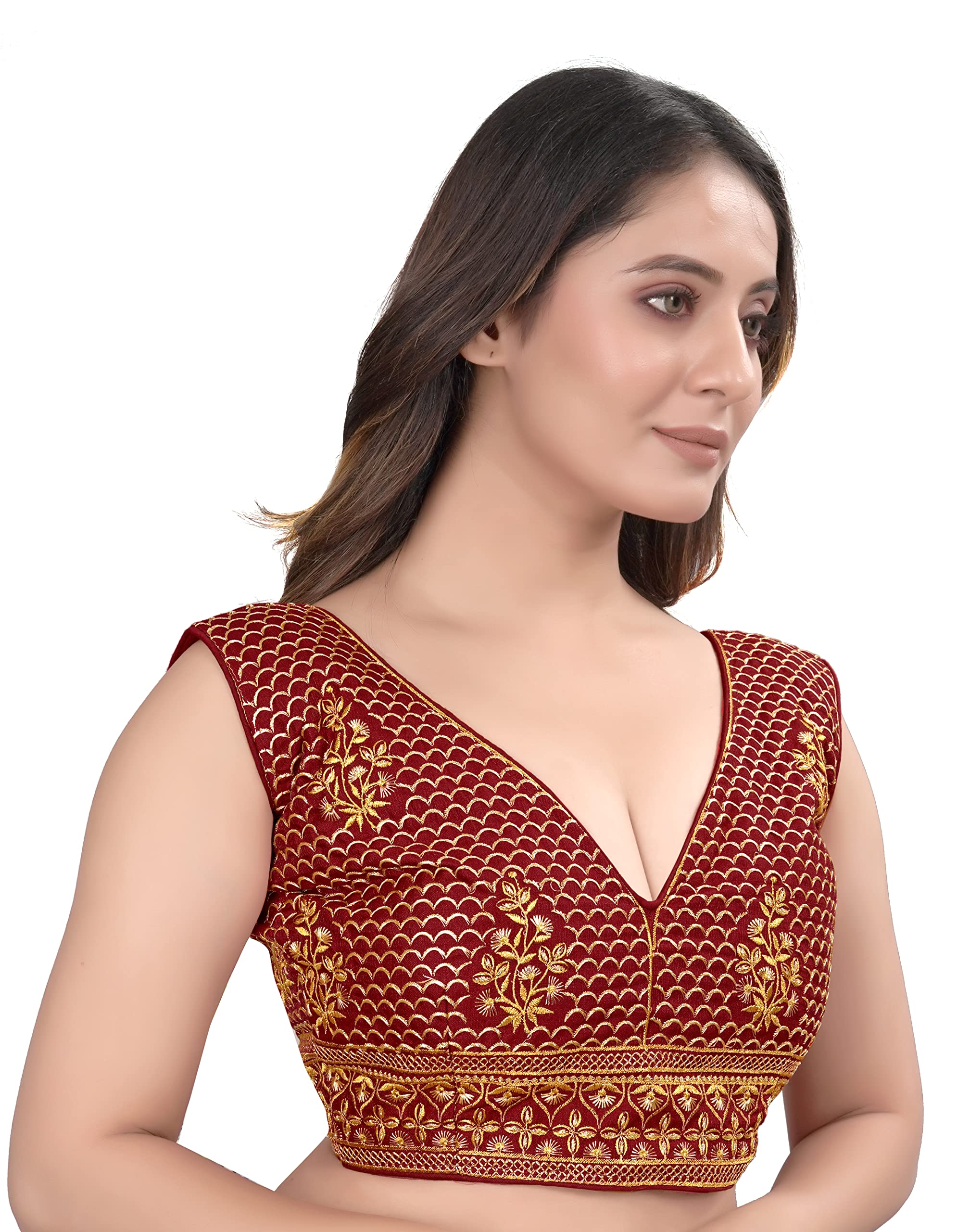 Pujia Mills Women's V Neck Embroidery Readymade Saree Blouse For Lehenga Choli