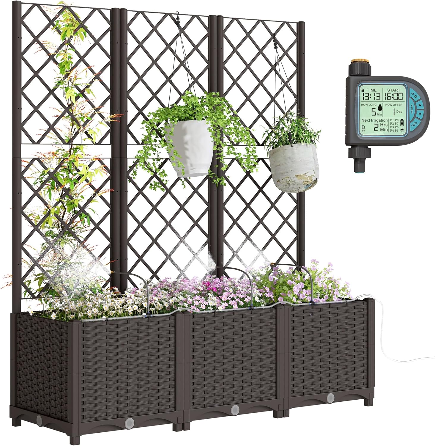 Outsunny 3PCS Plastic Planter Box with Trellis, Self-Watering Raised Garden Bed with Trellis and Automatic Watering Timer Kit, Outdoor Raised Planter with Drainage Holes, Plugs and Water Reservoir
